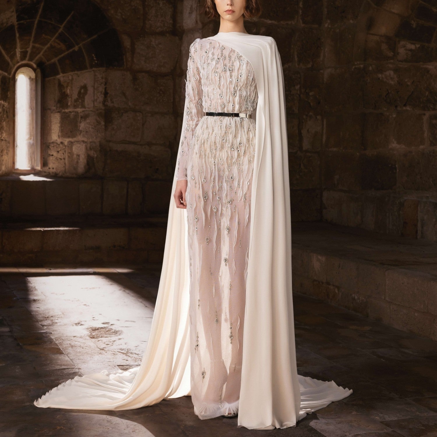 Embroidered Sheer Silk Tulle Gown with Cape