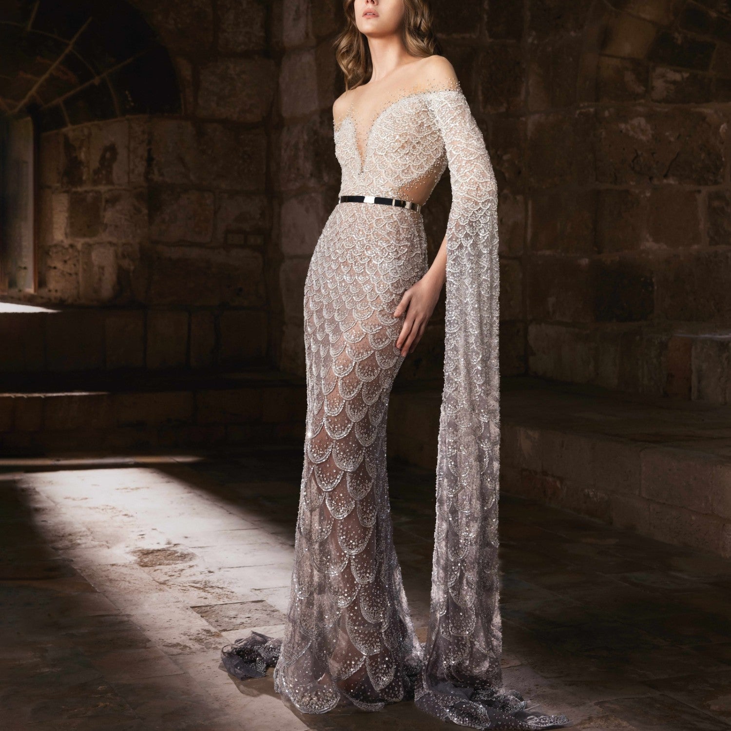 Silver & Ombré Blue Embroidered Mermaid Gown with Cape Sleeves