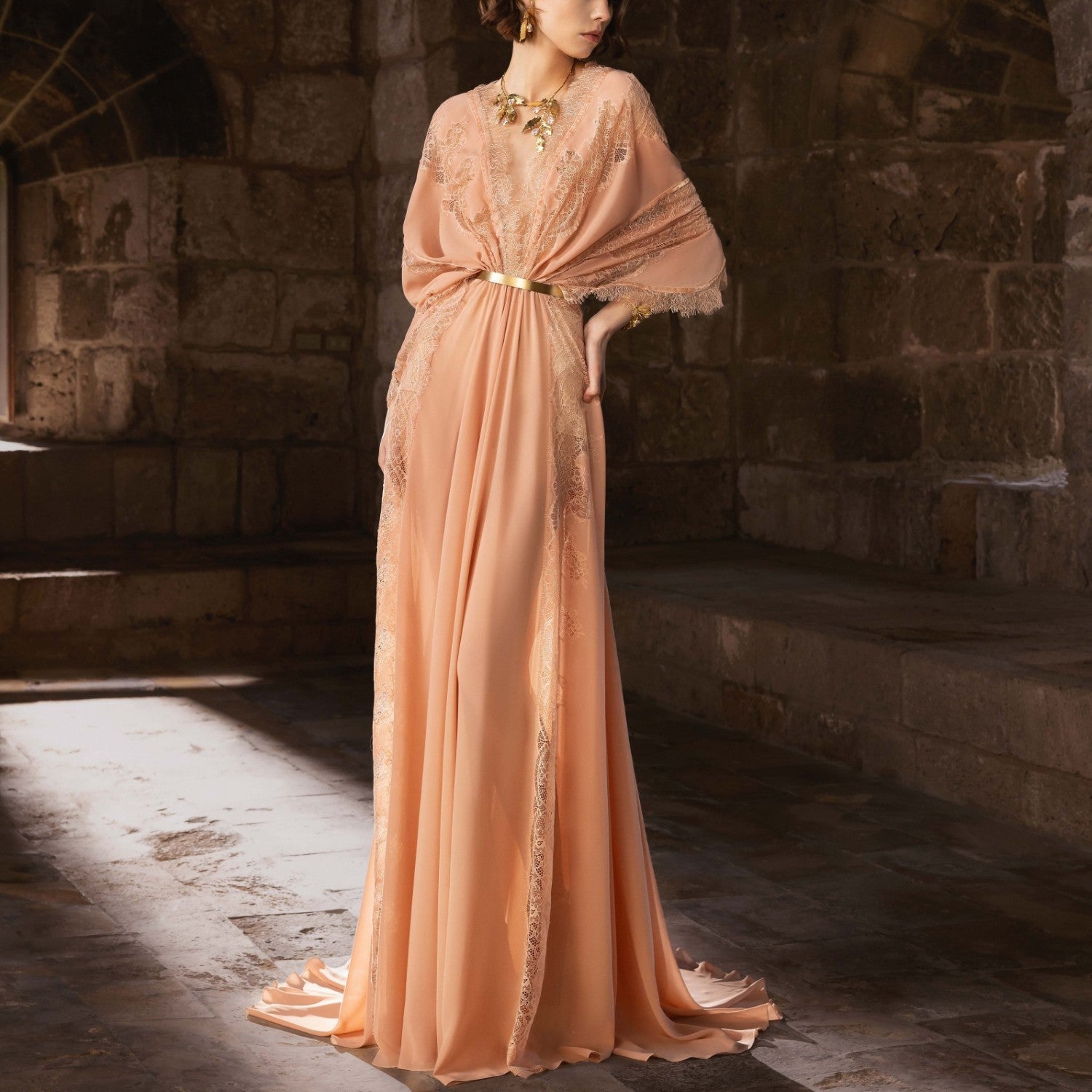 Old Rose Georgette Kaftan Gown with Lace & Grosgrain Detailing