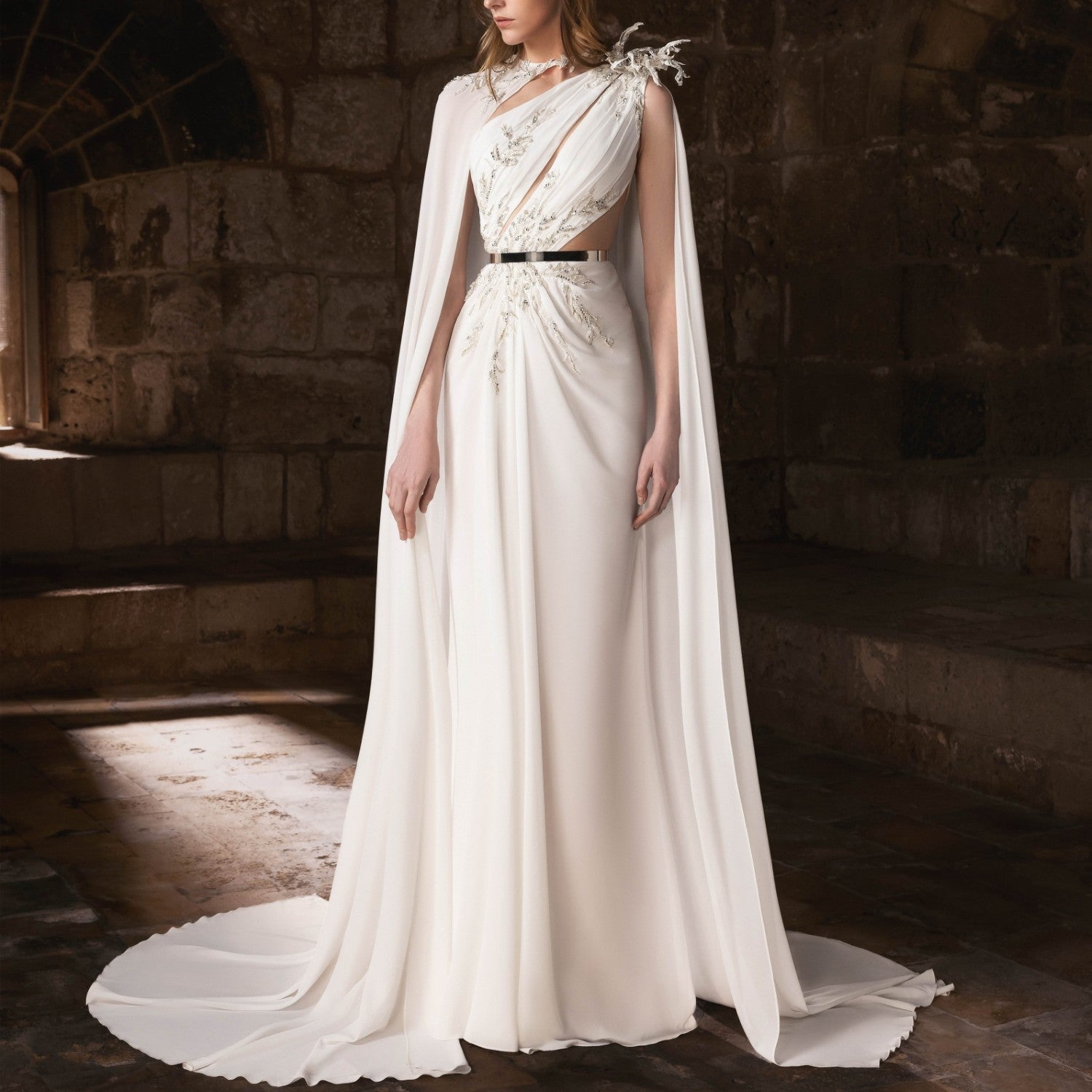 White Embroidered Cape Gown with Cutout Waist