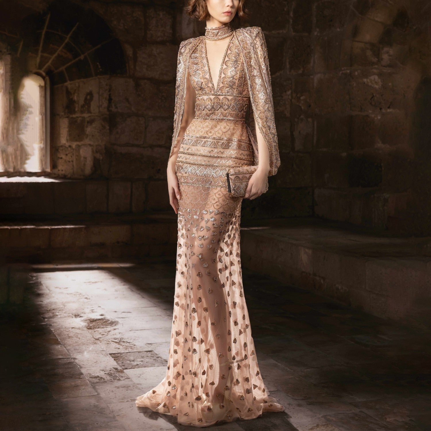 Embroidered Tulle Cape Dress with V-Neck & Collar