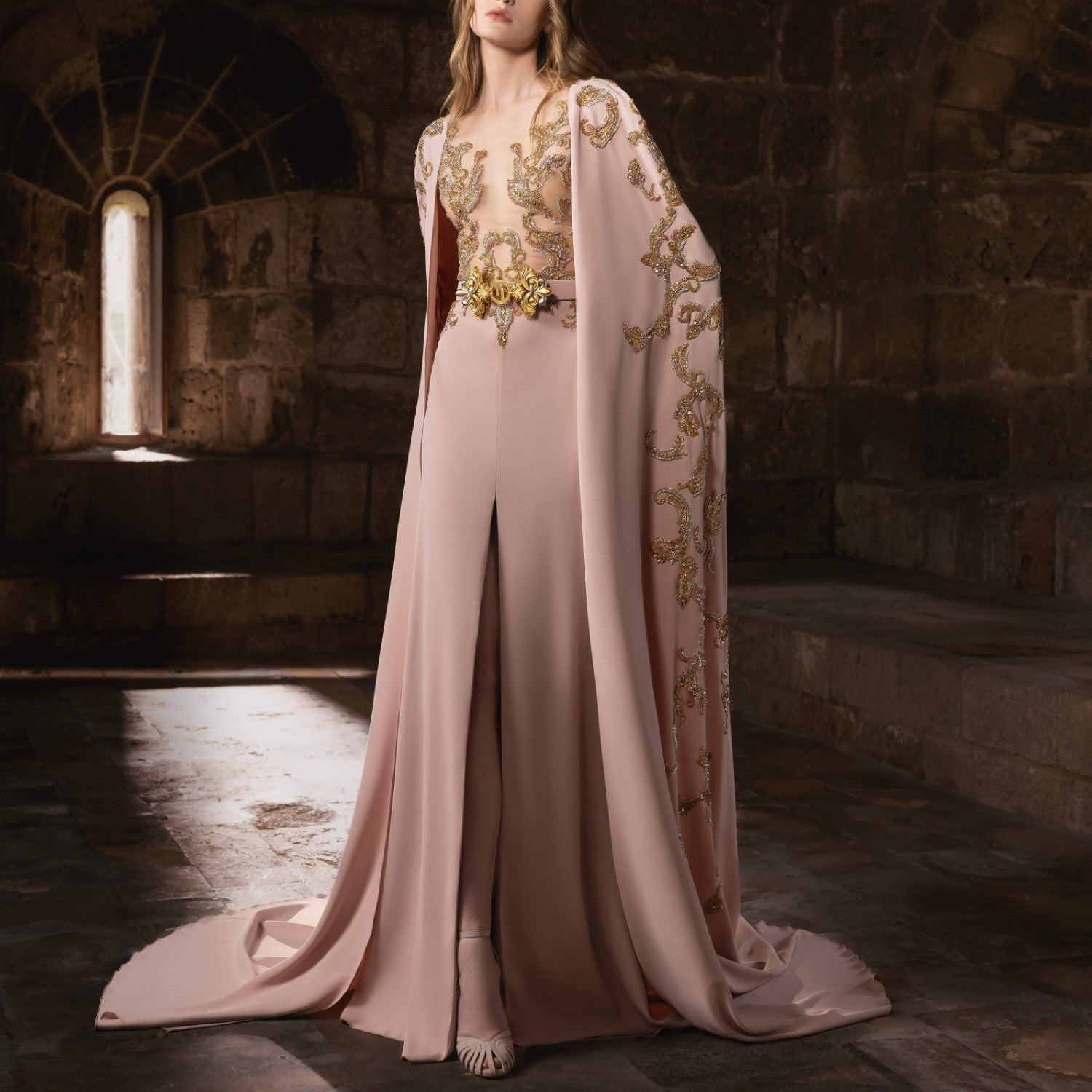 Soft Rose Crepe Gown with Cape