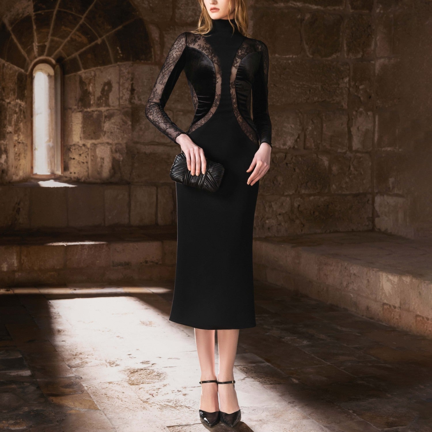 Black Crepe Midi Dress with Lace Cutouts