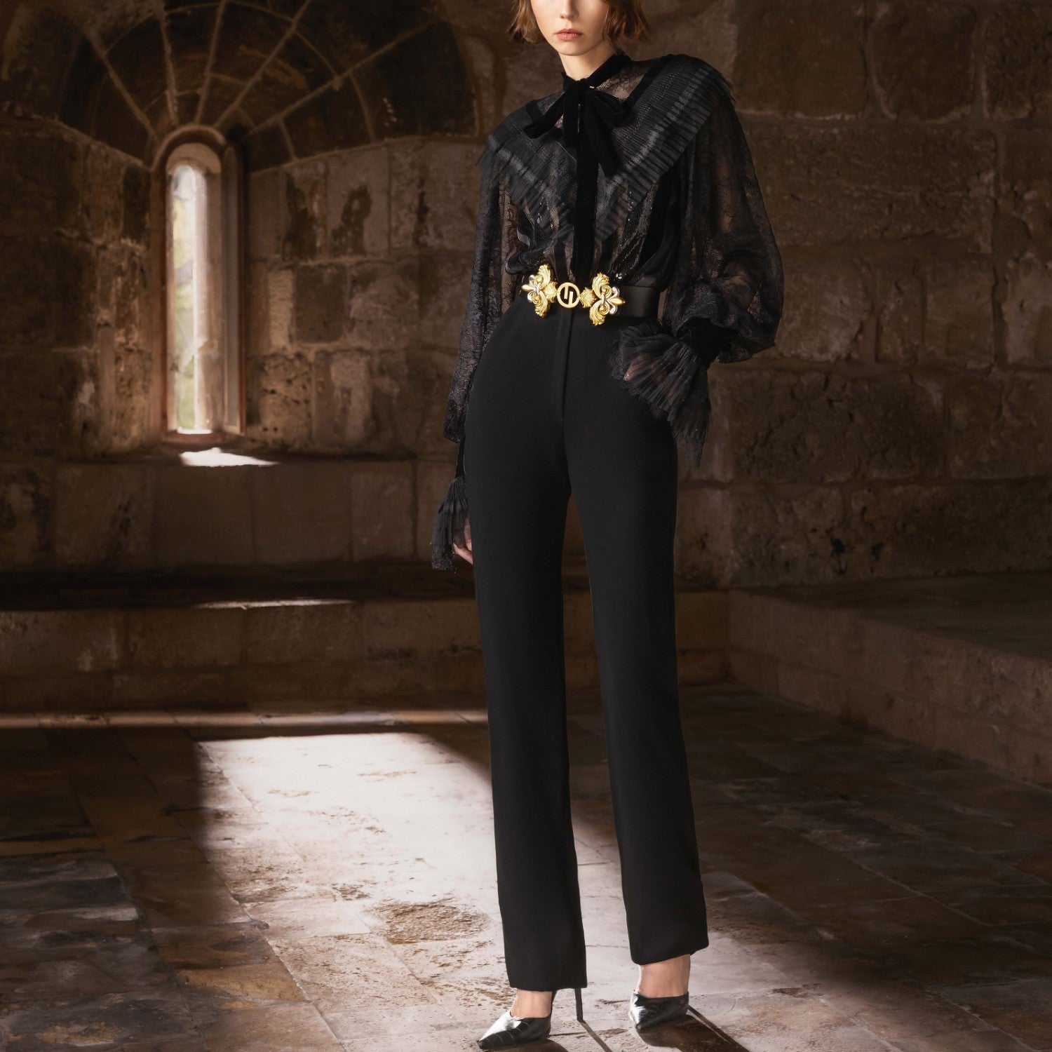 Black Lace High-Neck Blouse & Crepe Trousers