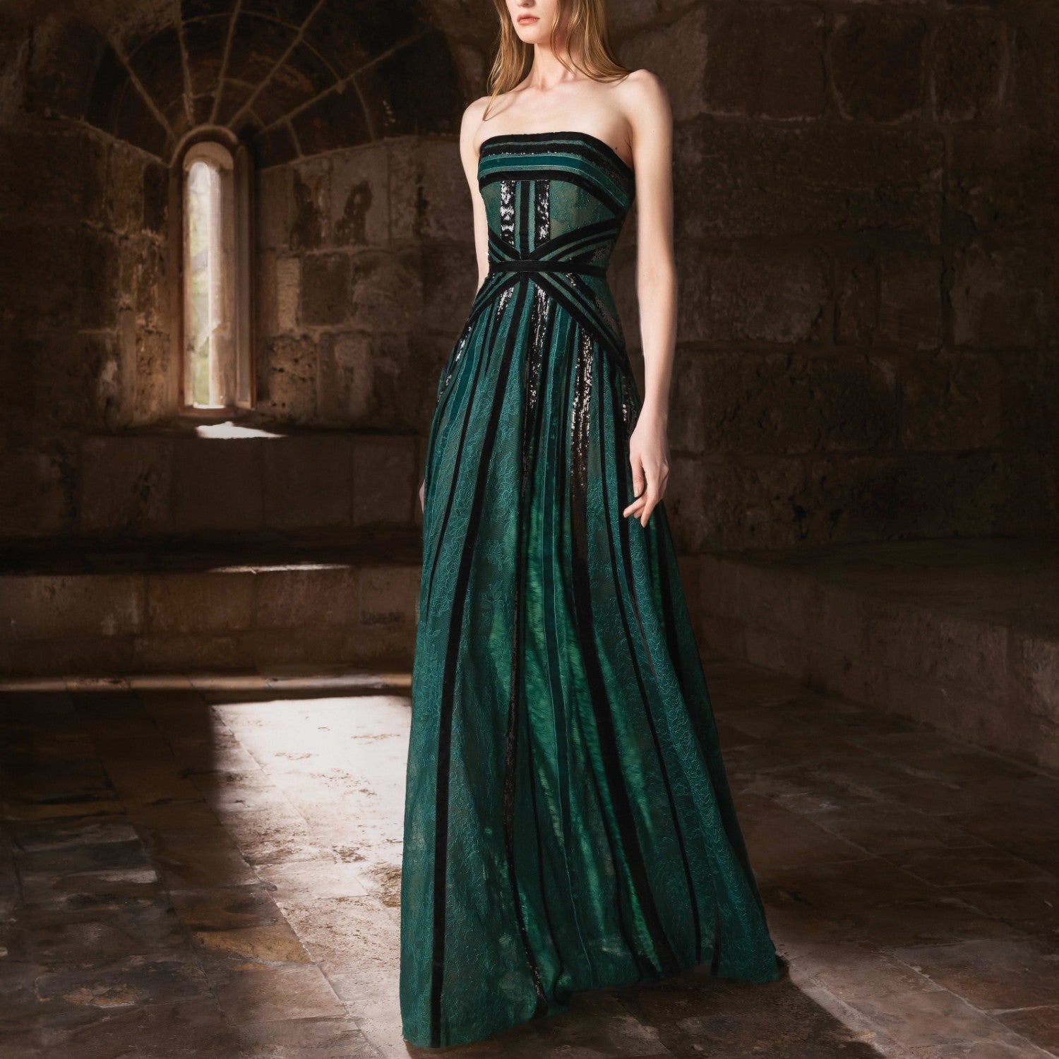 Strapless Forest Green Velvet Gown with Lace