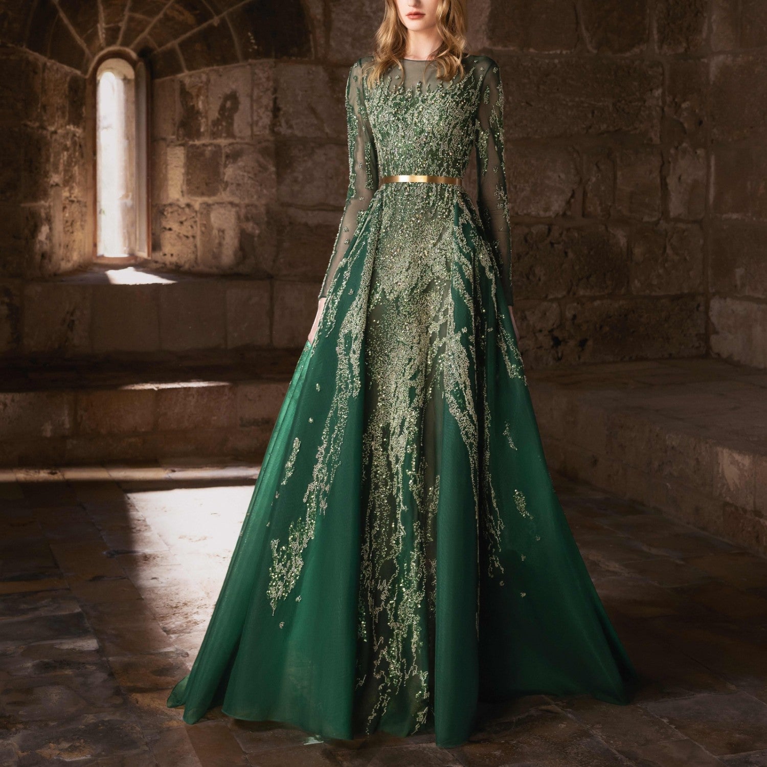 Forest Green Tulle Gown with Gold Embroidery