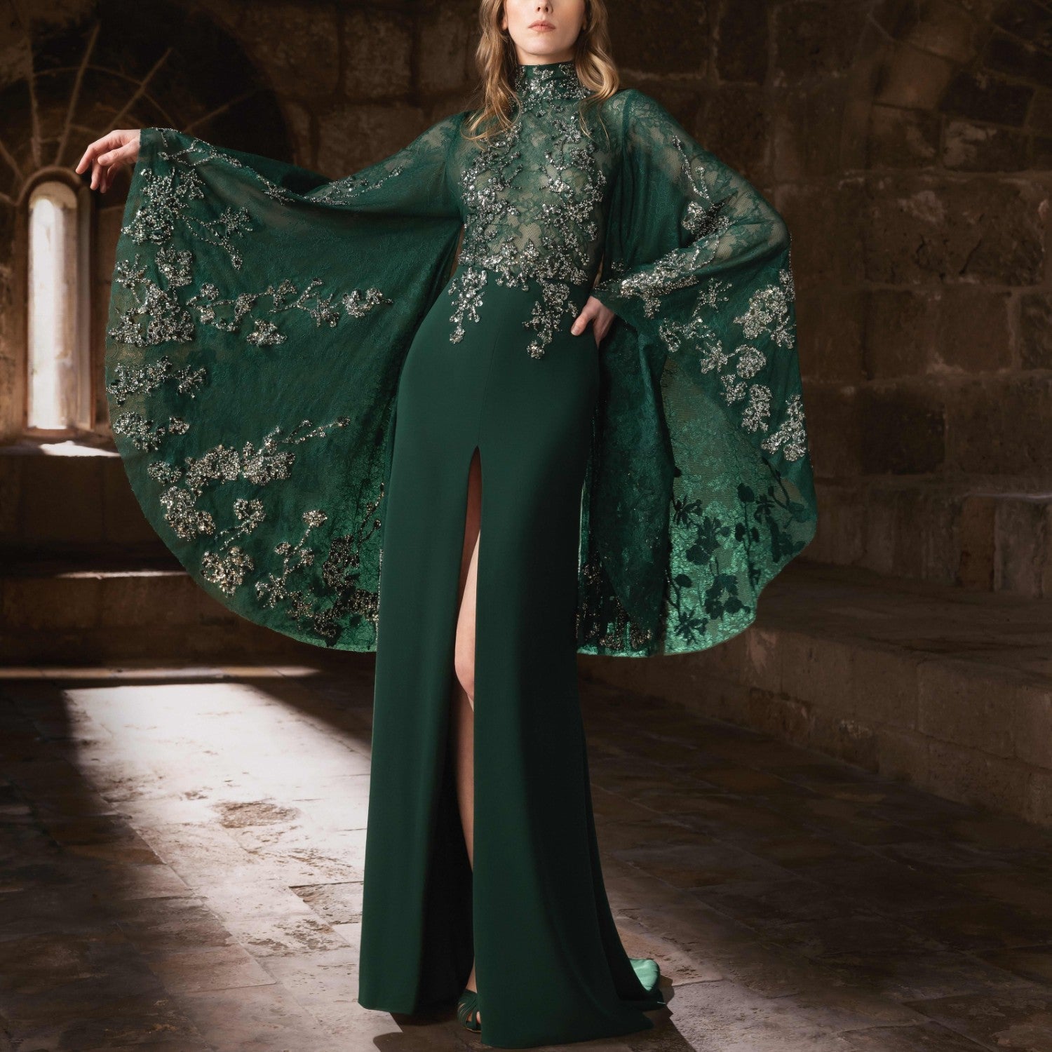 Forest Green Crepe Gown with Gold Floral Embroidery