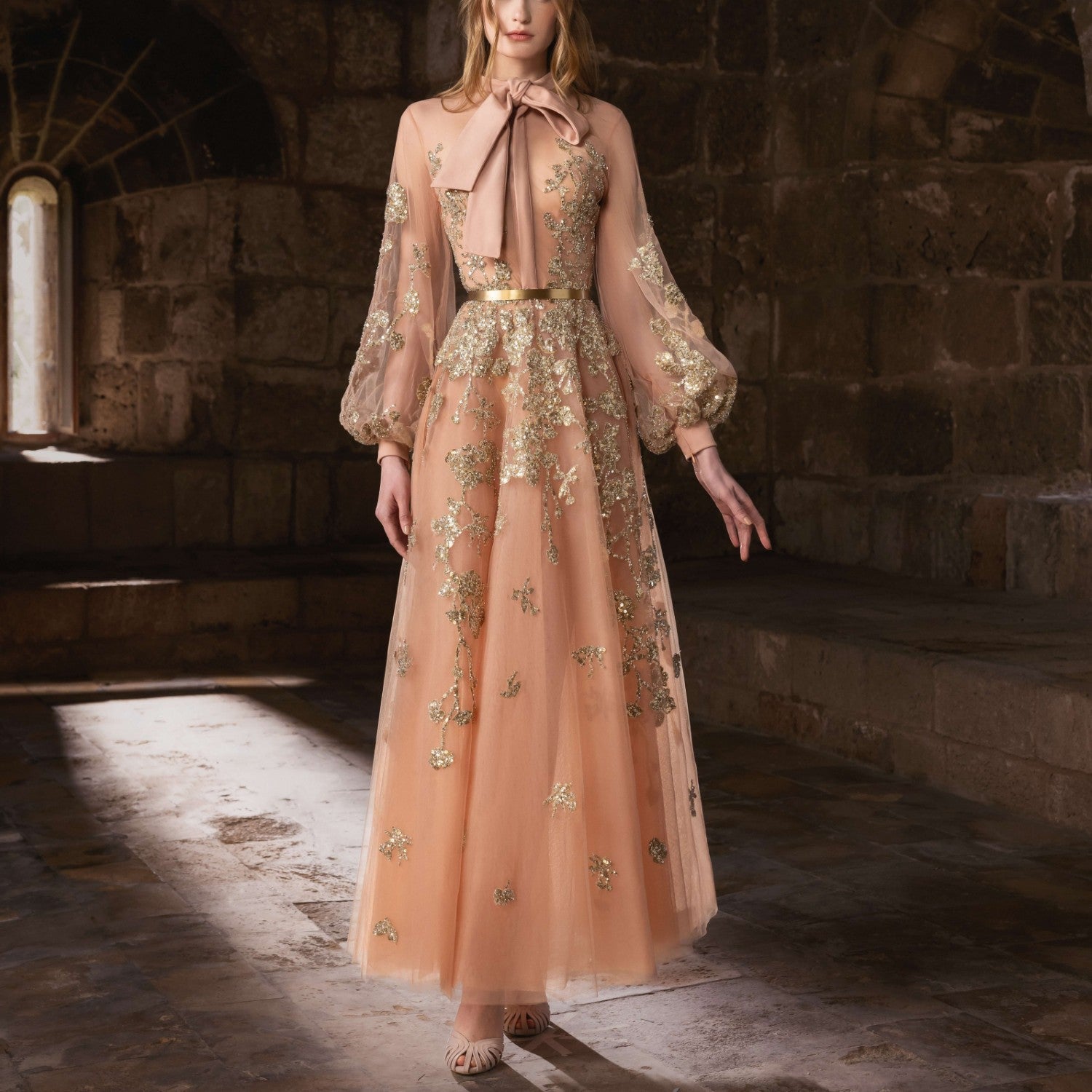 Soft Gold Embroidered A-Line Gown
