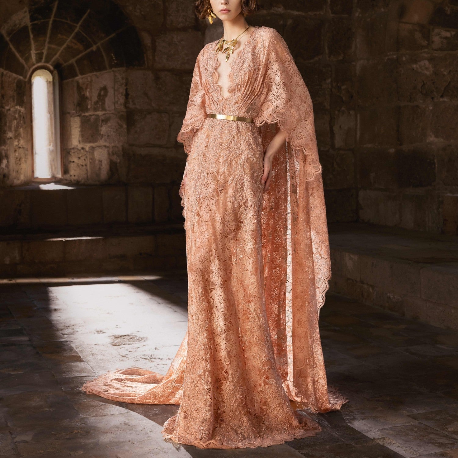 Nude Lace Gown with Sheer Cape & Scalloped Trim