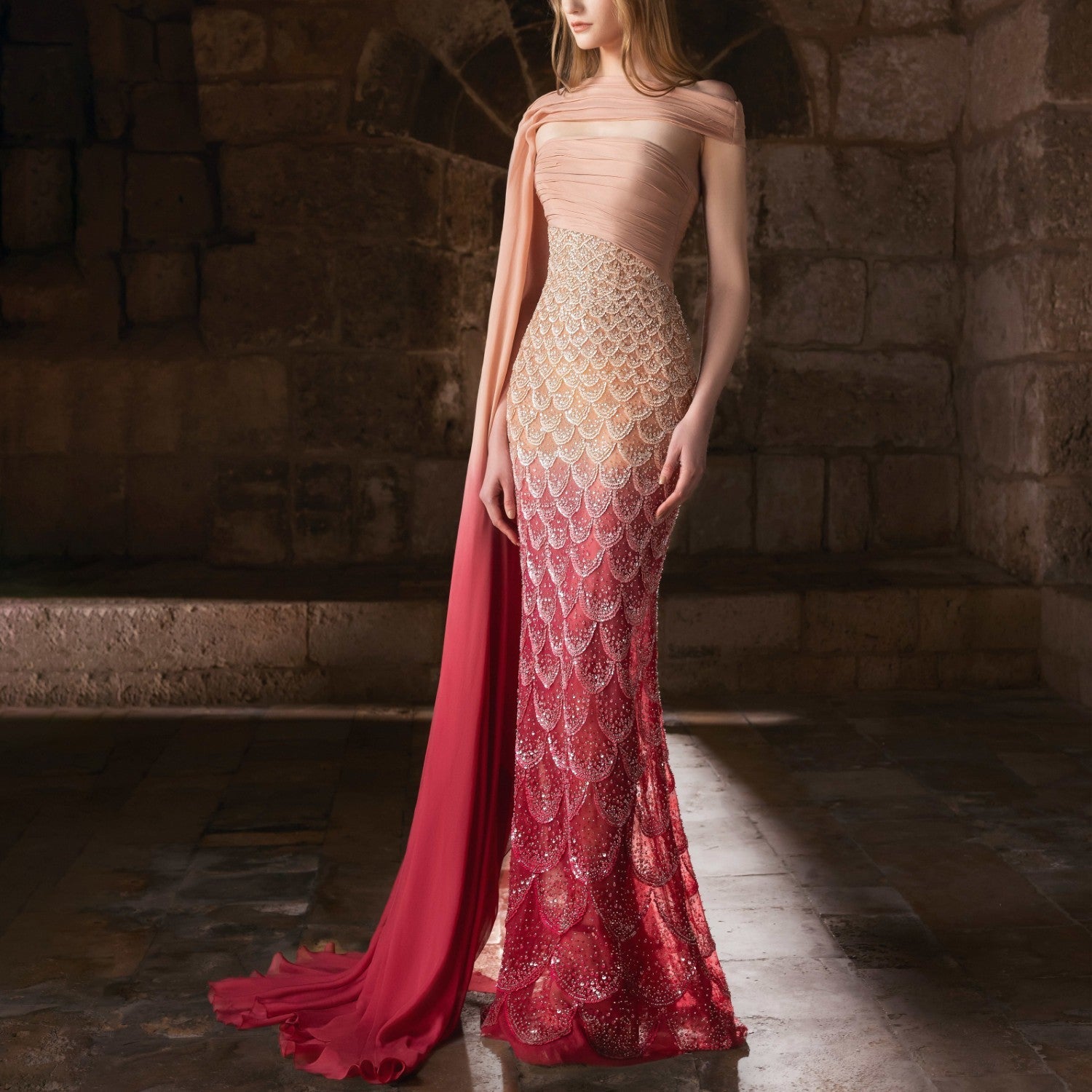 Blush to Burnished Rose Embroidered Gown
