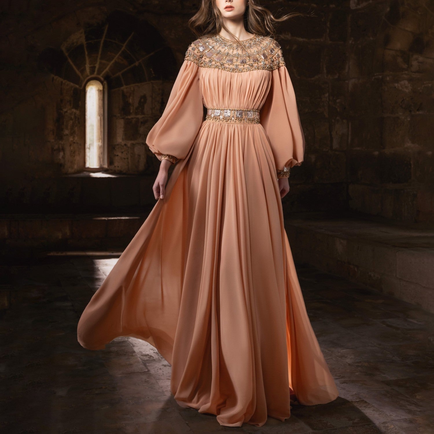 Old Rose Georgette Gown with Pleated Skirt