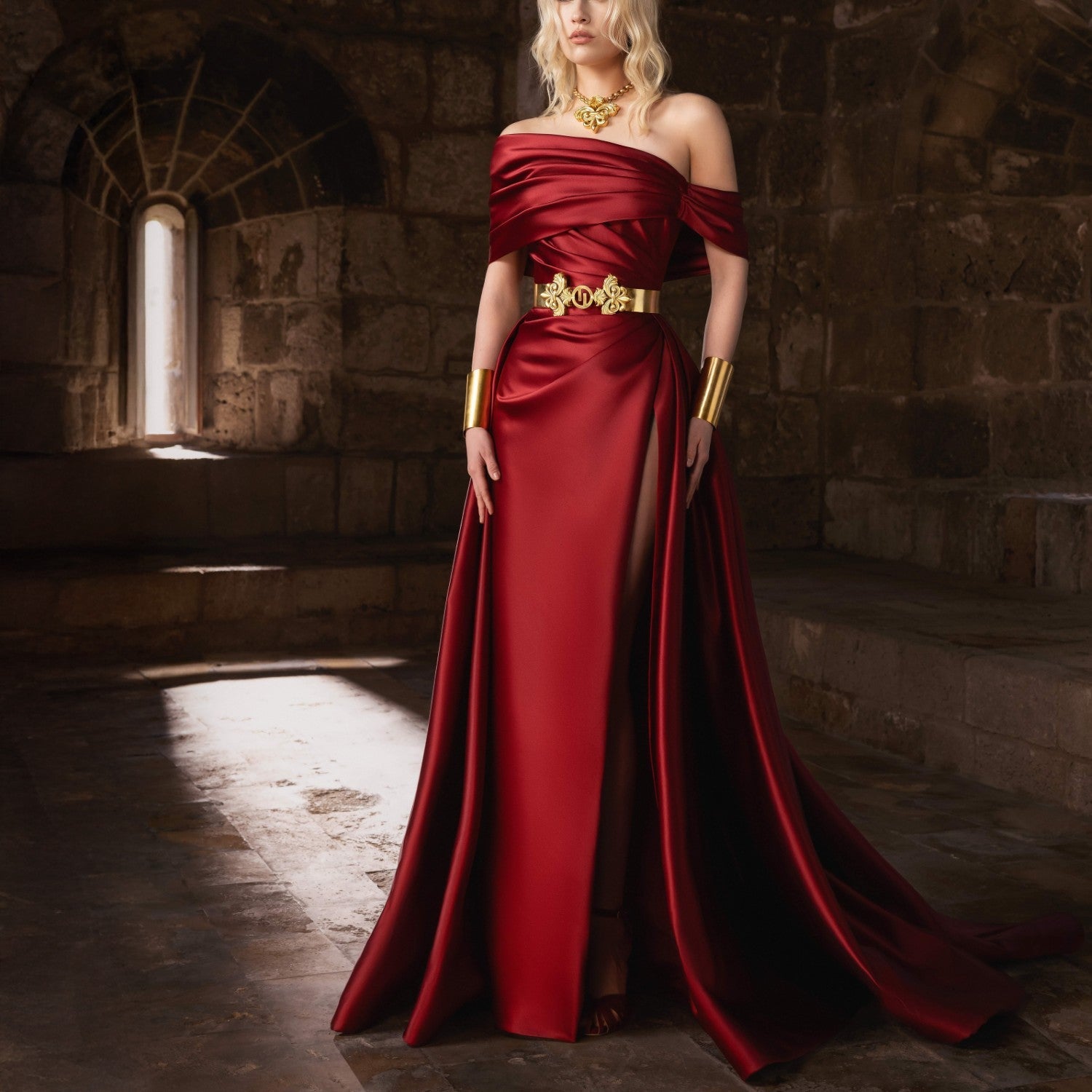 Deep Burgundy Satin-Duchesse Gown