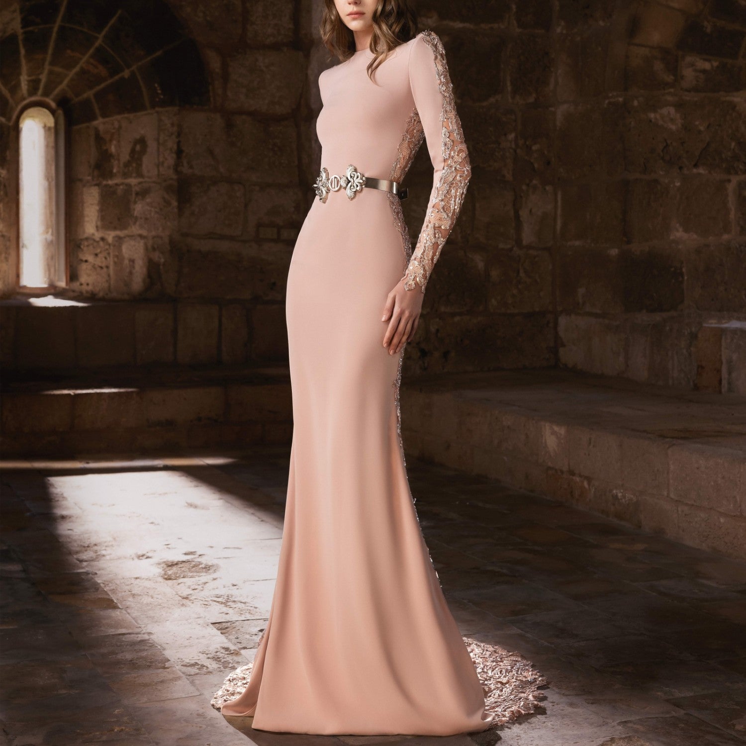 Soft Pink Crepe Dress with Jeweled Neckline