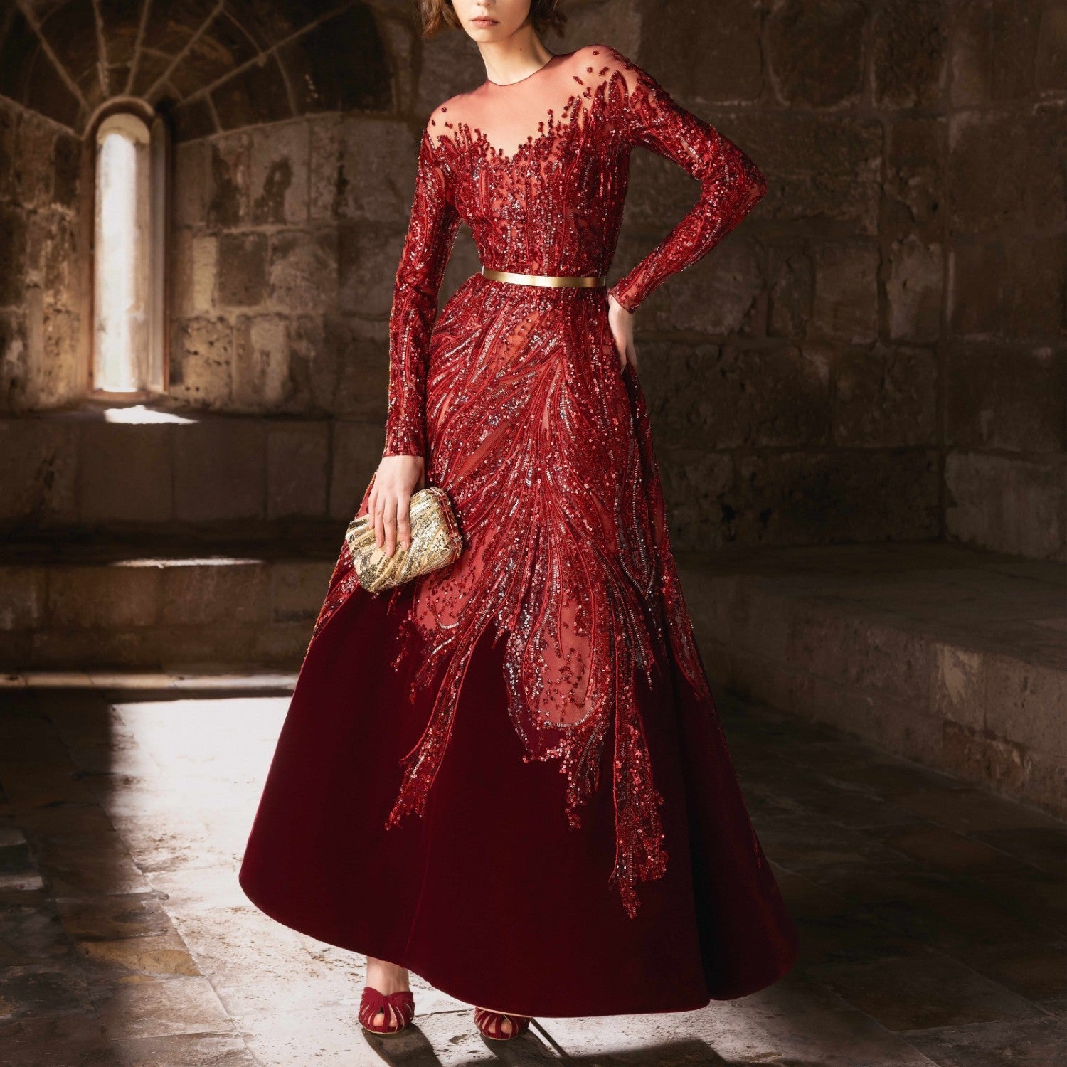 Dragon Red Velvet Embroidery Midi Dress