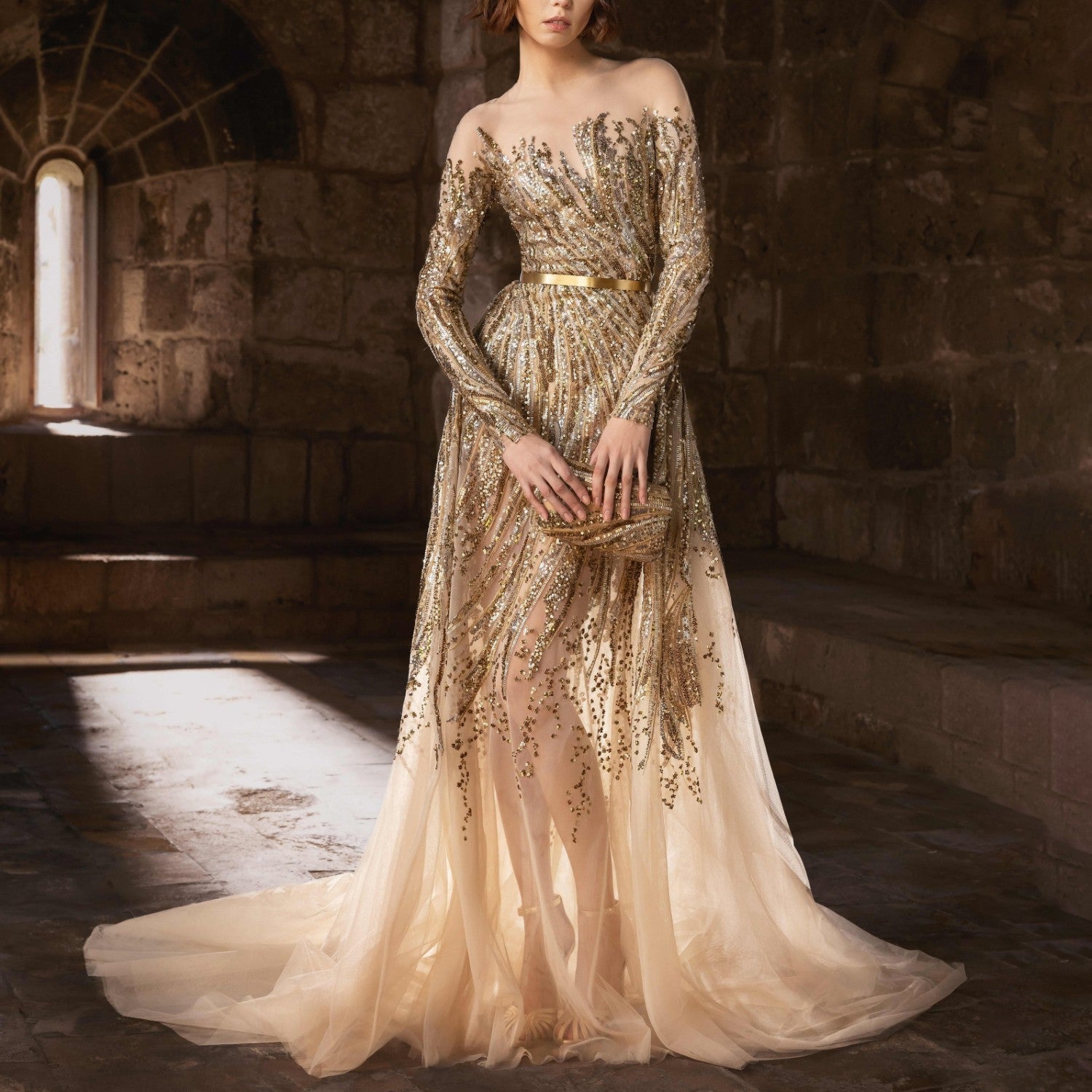 Fully Embroidered Gown With Gold & Silver Embellishments