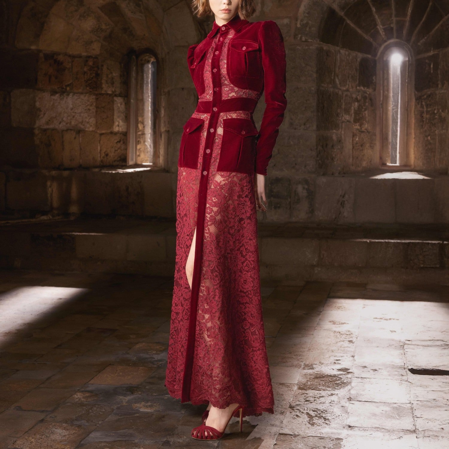 Lace & Velvet Dress With High Neck Bodice