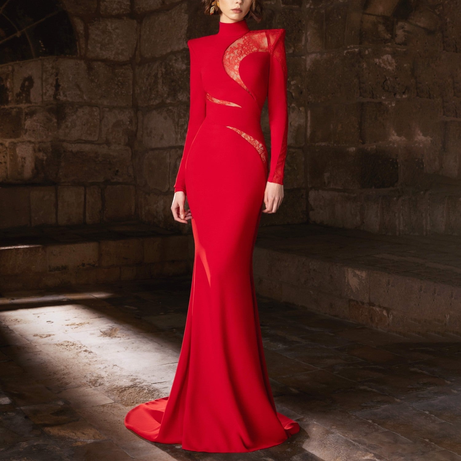 Bold Dragon Red Crepe Gown With a High Neckline
