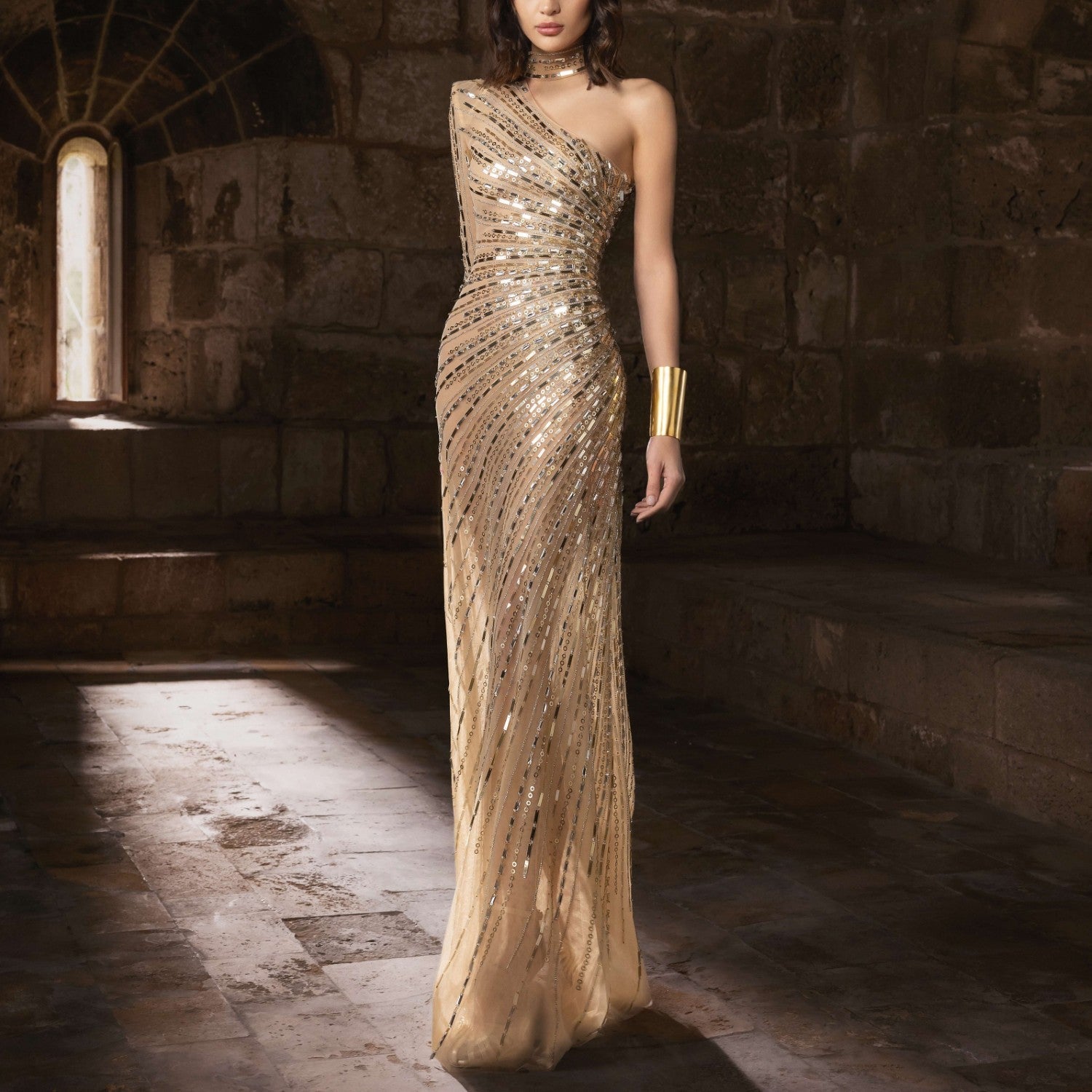 Asymmetrical One Shoulder Fitted Silver Gown