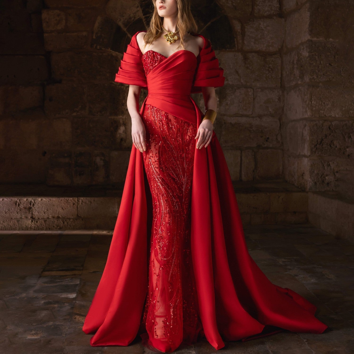 Red Taffeta Gown Witn A Voluminous Overskit