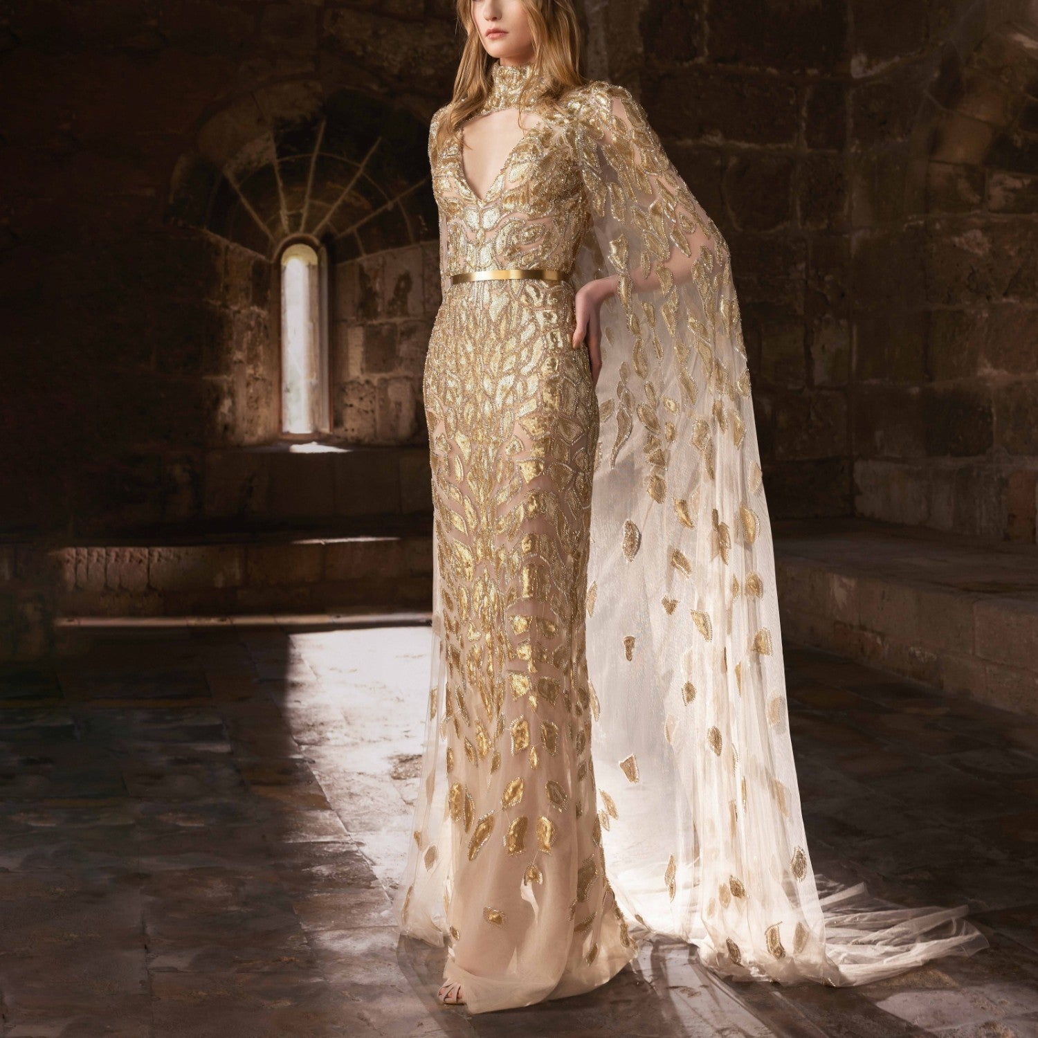 Gold Fitted Dress With Shimmering Embroidery