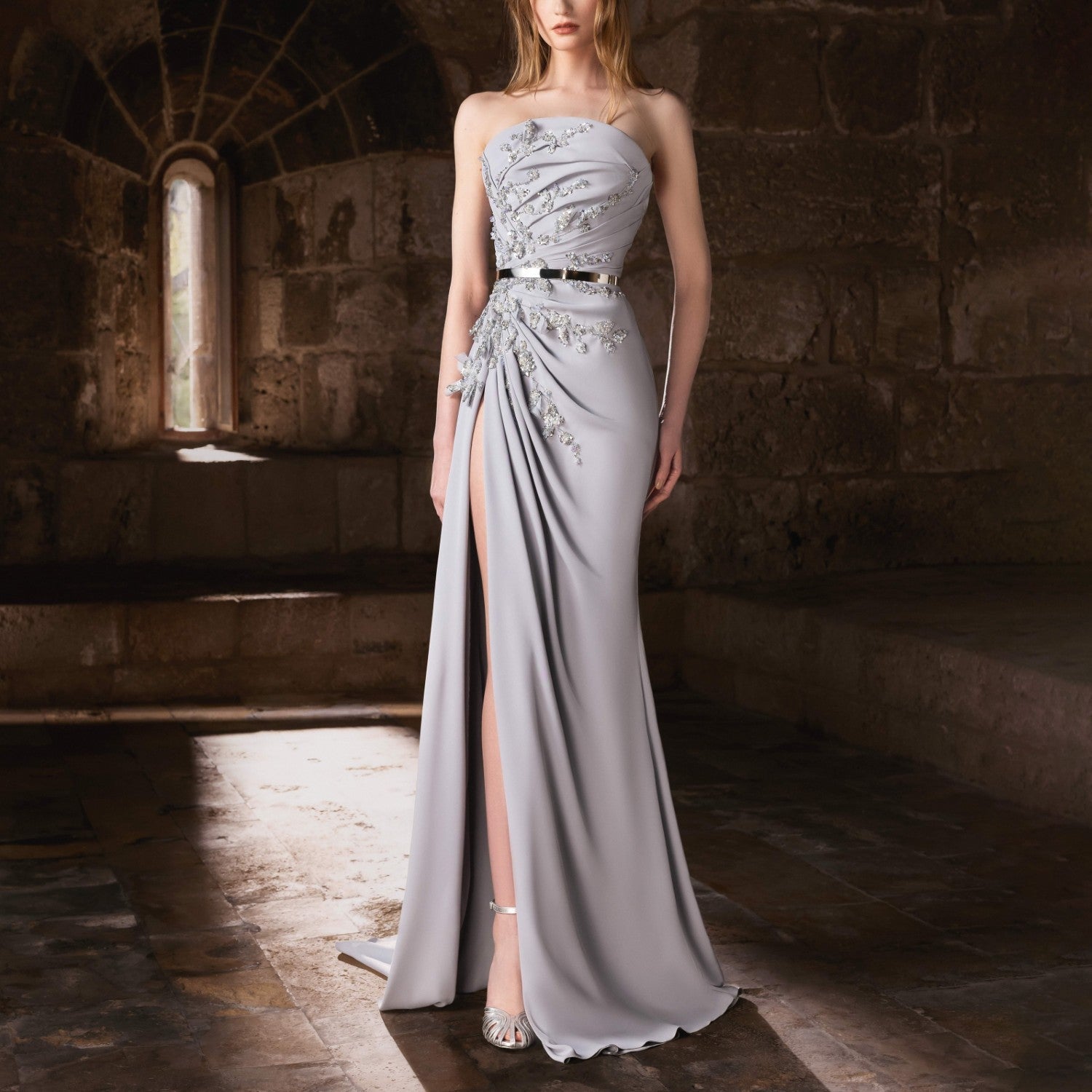 Strapless Crepe Gown With Sculptural Draping Details