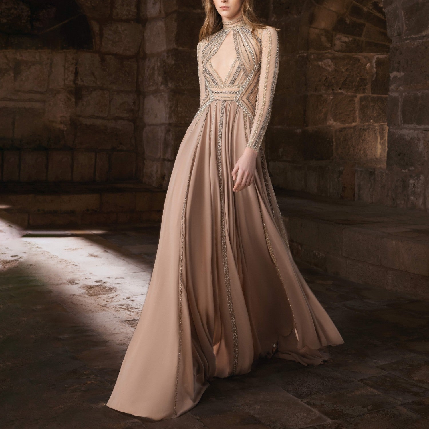Long Gold Gown With Structured Shoulders Long Sleeves