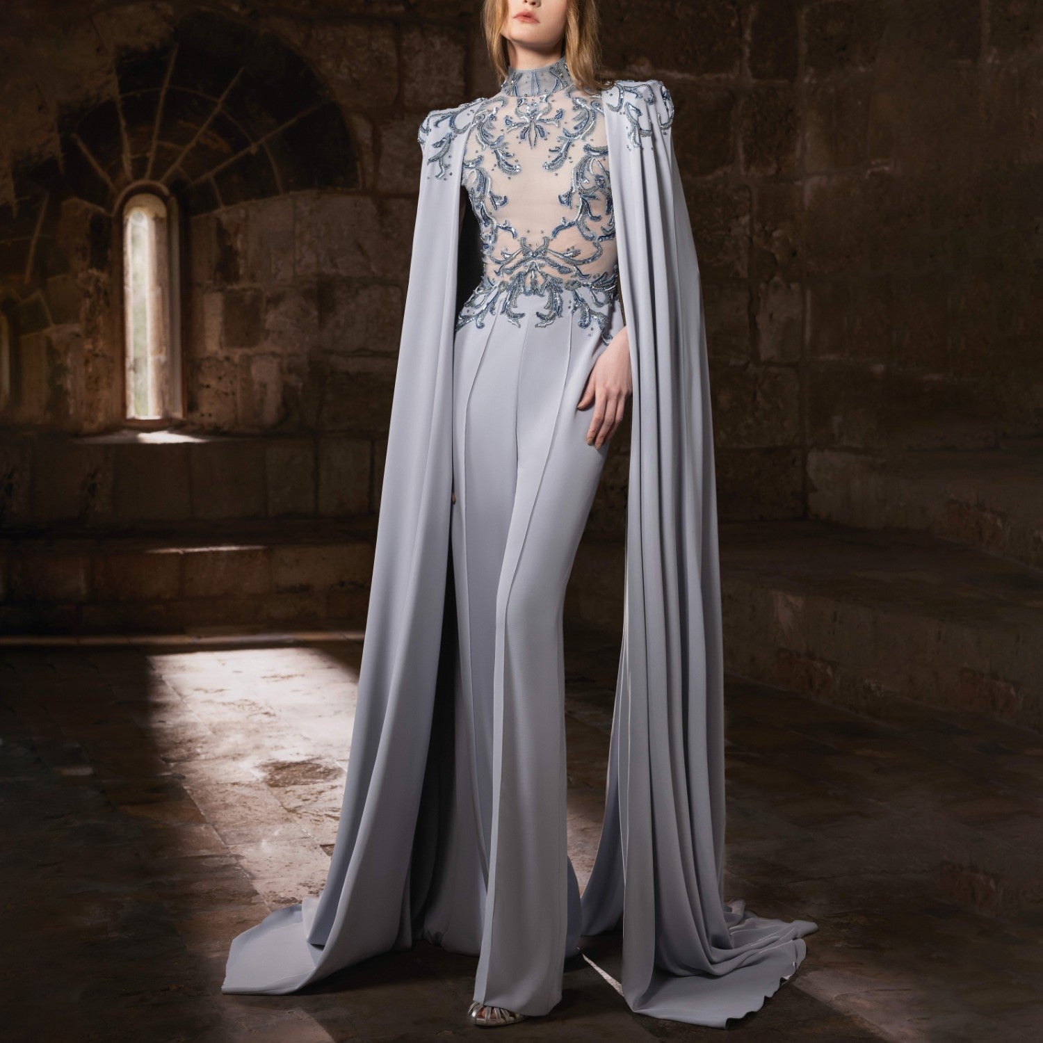 Crepe Jumpsuit With Elegance Cape Sleeves