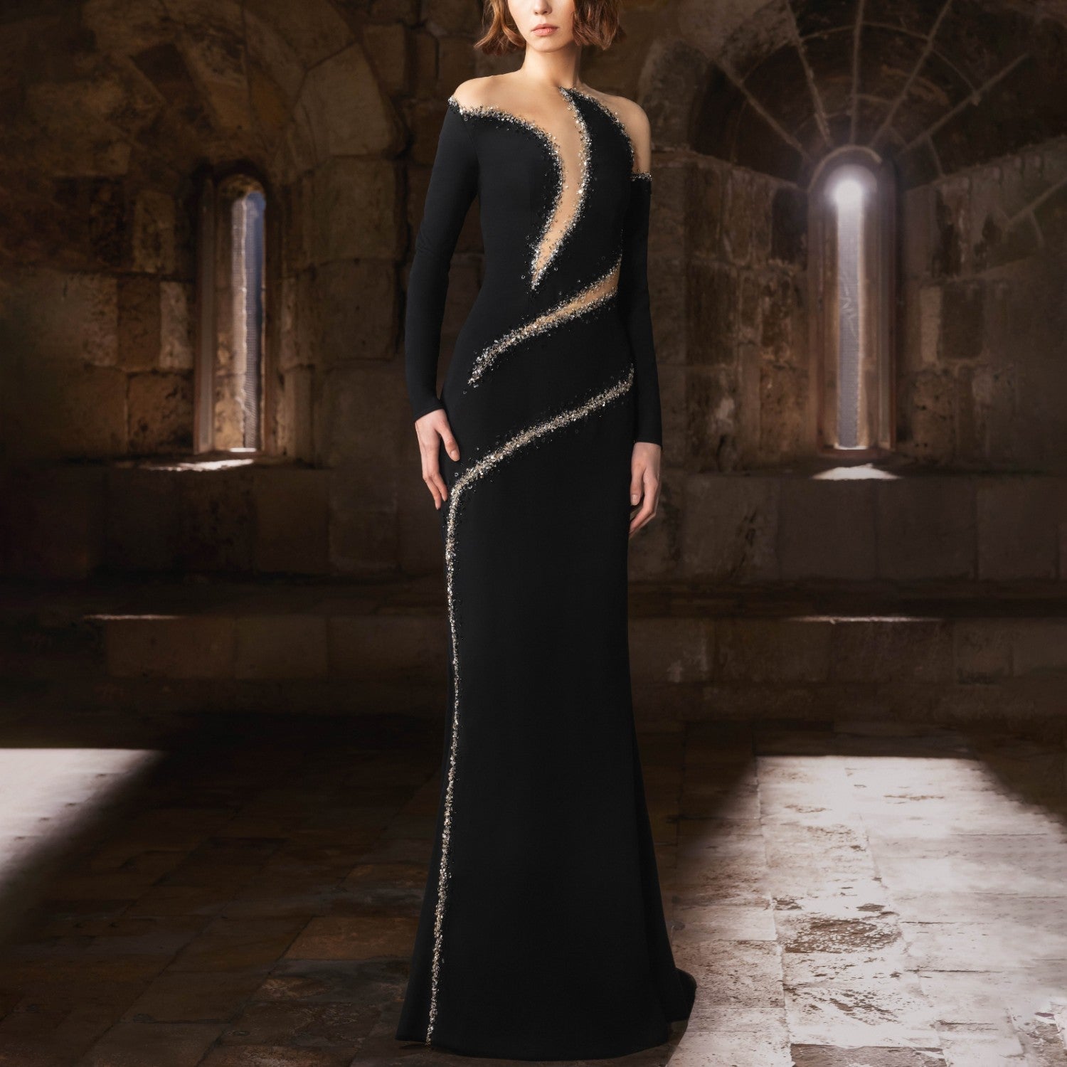 Fitted Black Gown With Asymmetrical Cut-Outs