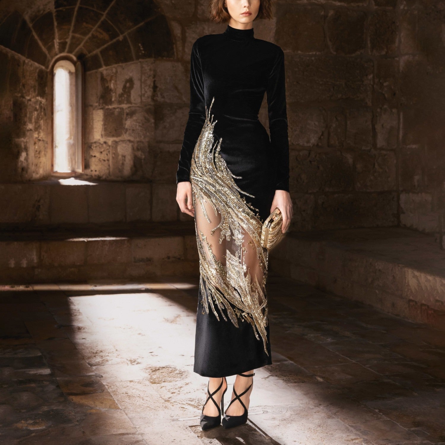 Black Fitted Velvet Midi Dress