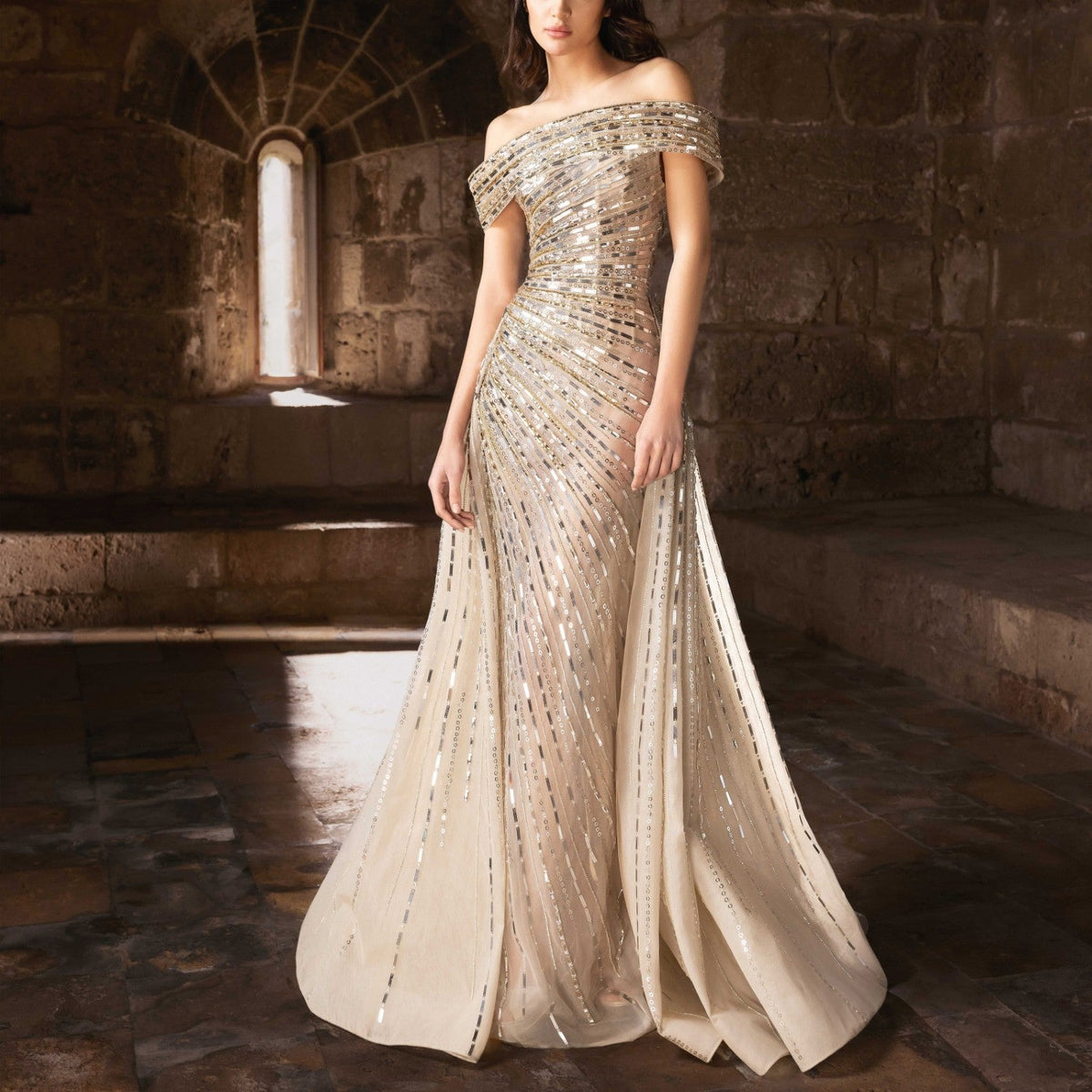 Silver Fitted Gown With Asymmetrical Off Shoulder by TONY WARD