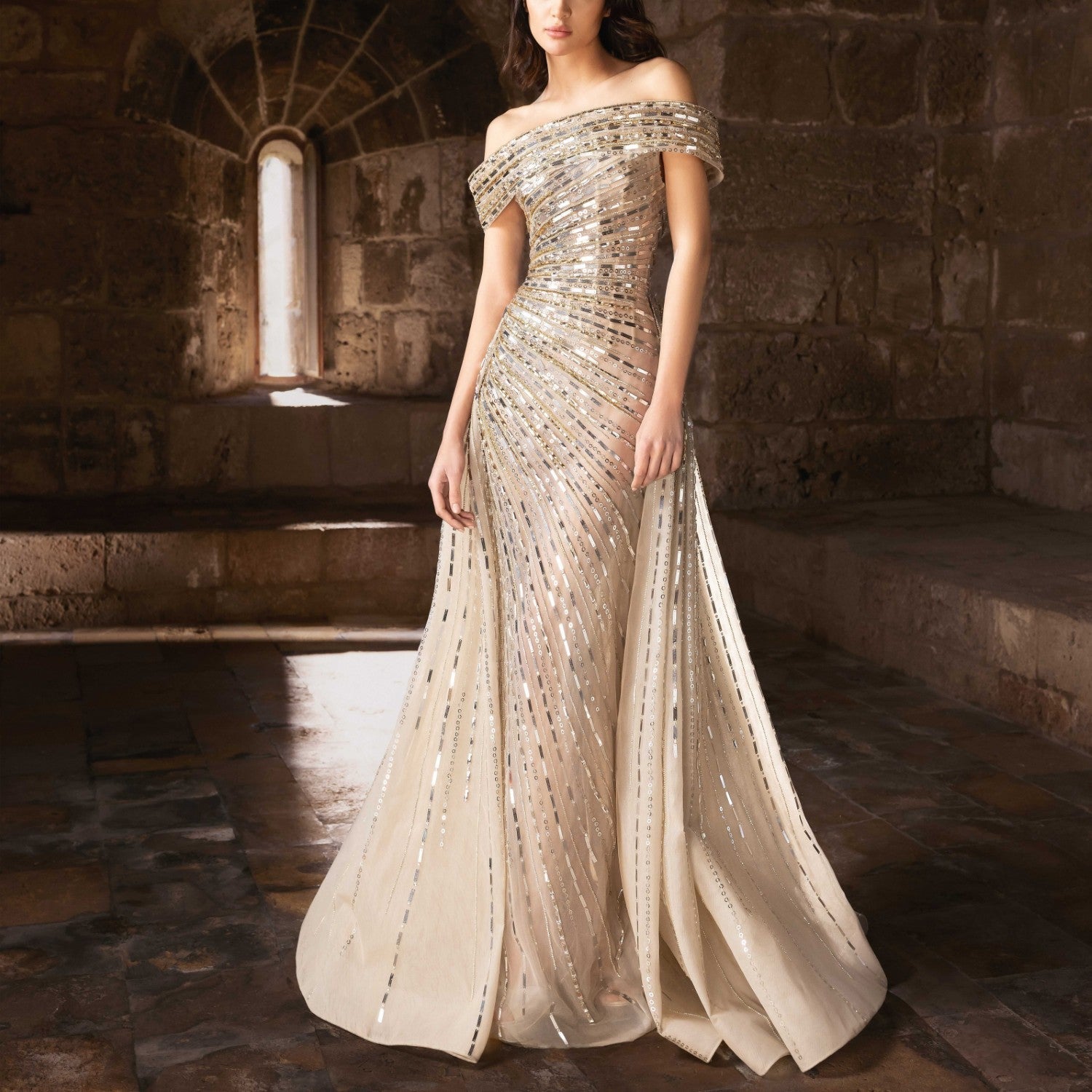 Silver Fitted Gown With Asymmetrical Off Shoulder
