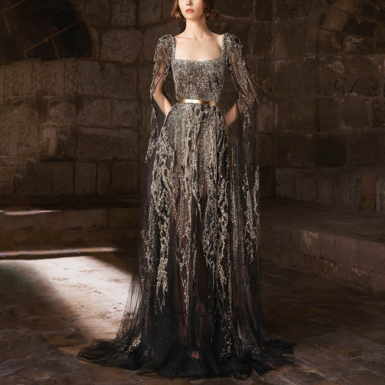 Black and gold embroidered A-line tulle gown