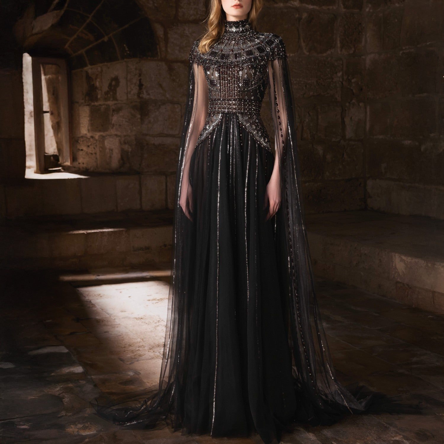 Black tulle gown with silver and gold embroidery