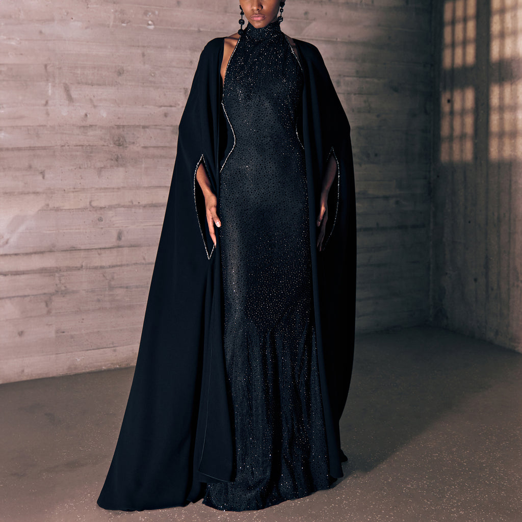 Embroidered Crystal Mesh Pure Black Tulle Dress With A Crêpe Marocain Cape