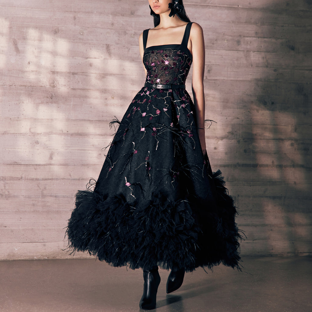 Pure Black Embroidered Tulle Dress