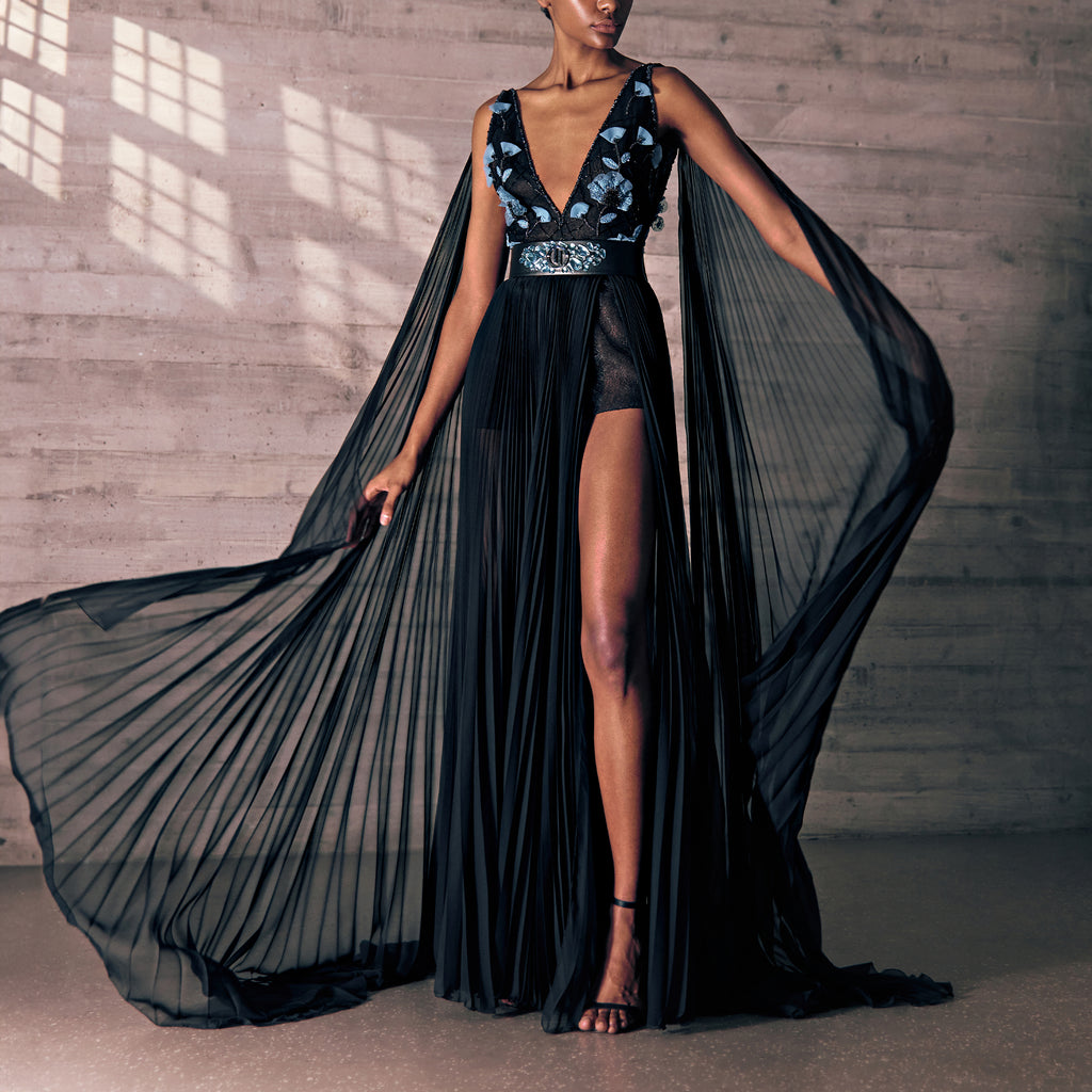 Silk Mousseline Pleated Black Dress With A Play On Transparencies And A Revealing High Slit