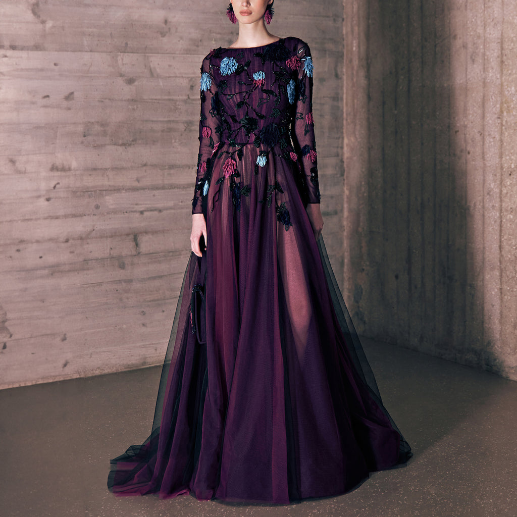 Fuchsia And Black Gradient Tulle Dress With 3D Embroidered