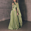 Asymmetrical Pleated Leafy Green Mousseline Dress With Silver Embroidery