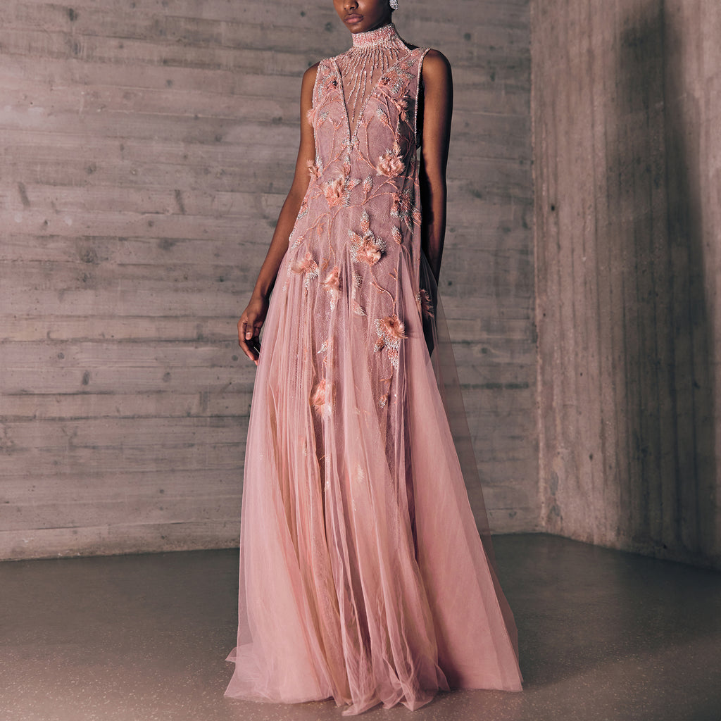 Feather Embroidered Blush Pink Dress With A Lacec Fond De Robe.