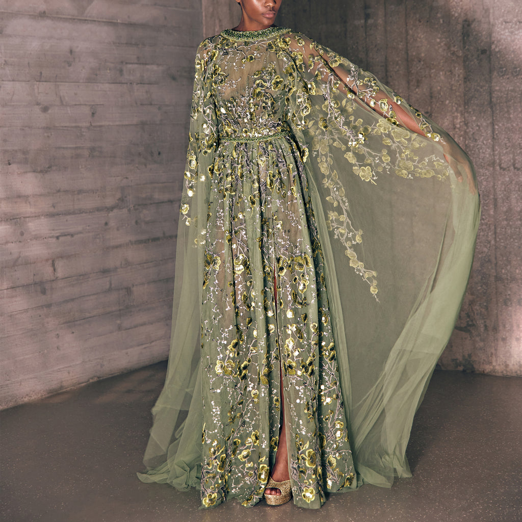 Embroidered Leafy Green Caftan Dress With Sheer Effect