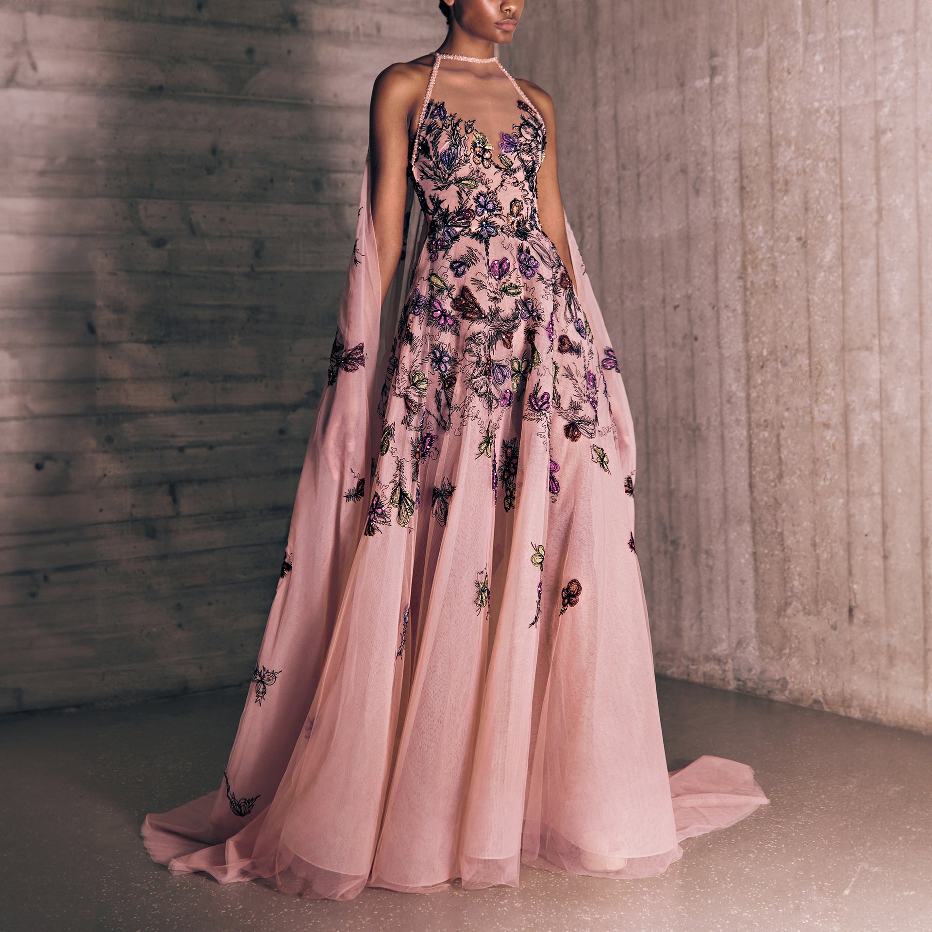 Petals Thread Embroidered Blush Pink Tulle Dress by Tony Ward – Elilhaam