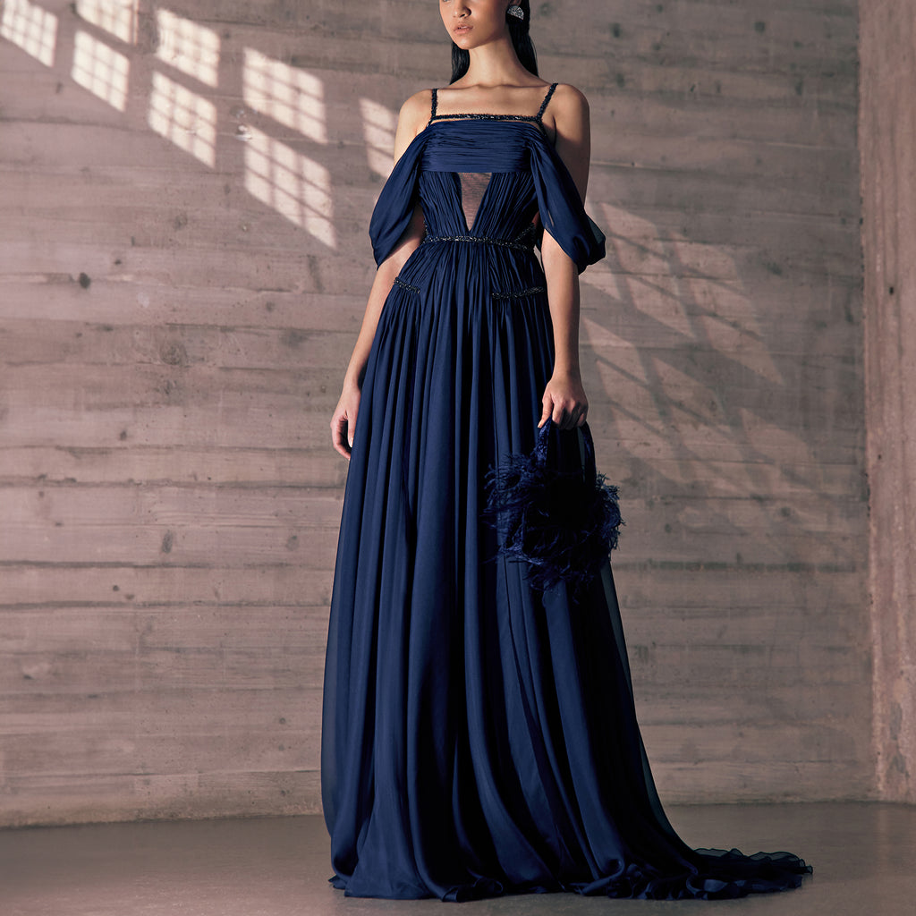 Silk Mousseline Midnight Blue Off Shoulder Dress