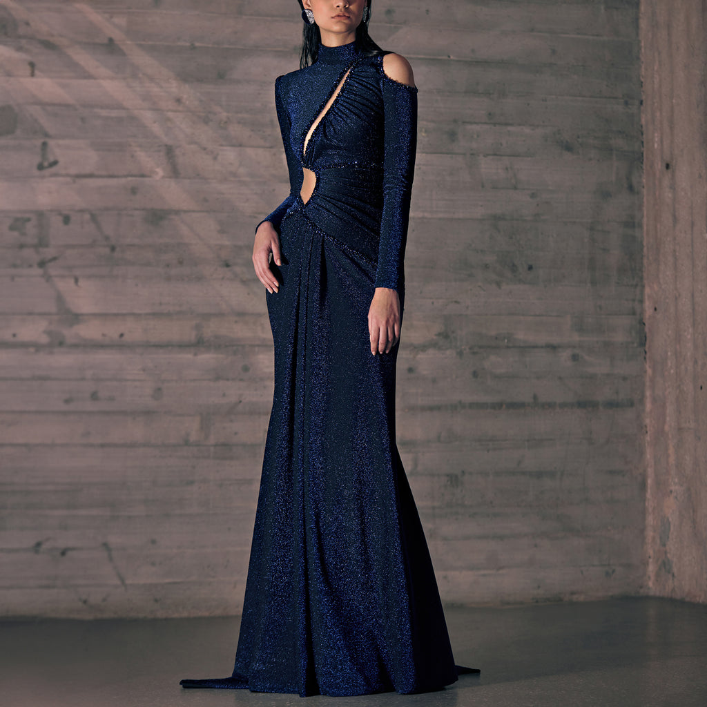 Midnight Blue Jersey Dress With Bejeweled Glittery Embroidered Cutouts.