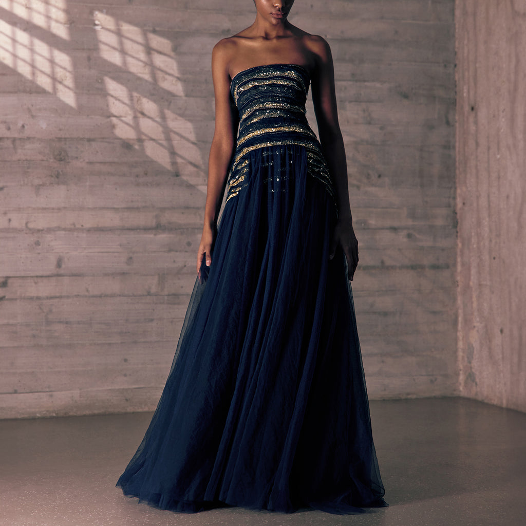 Strapless Midnight Blue Tulle Dress With Twilight Gold Embroidery.
