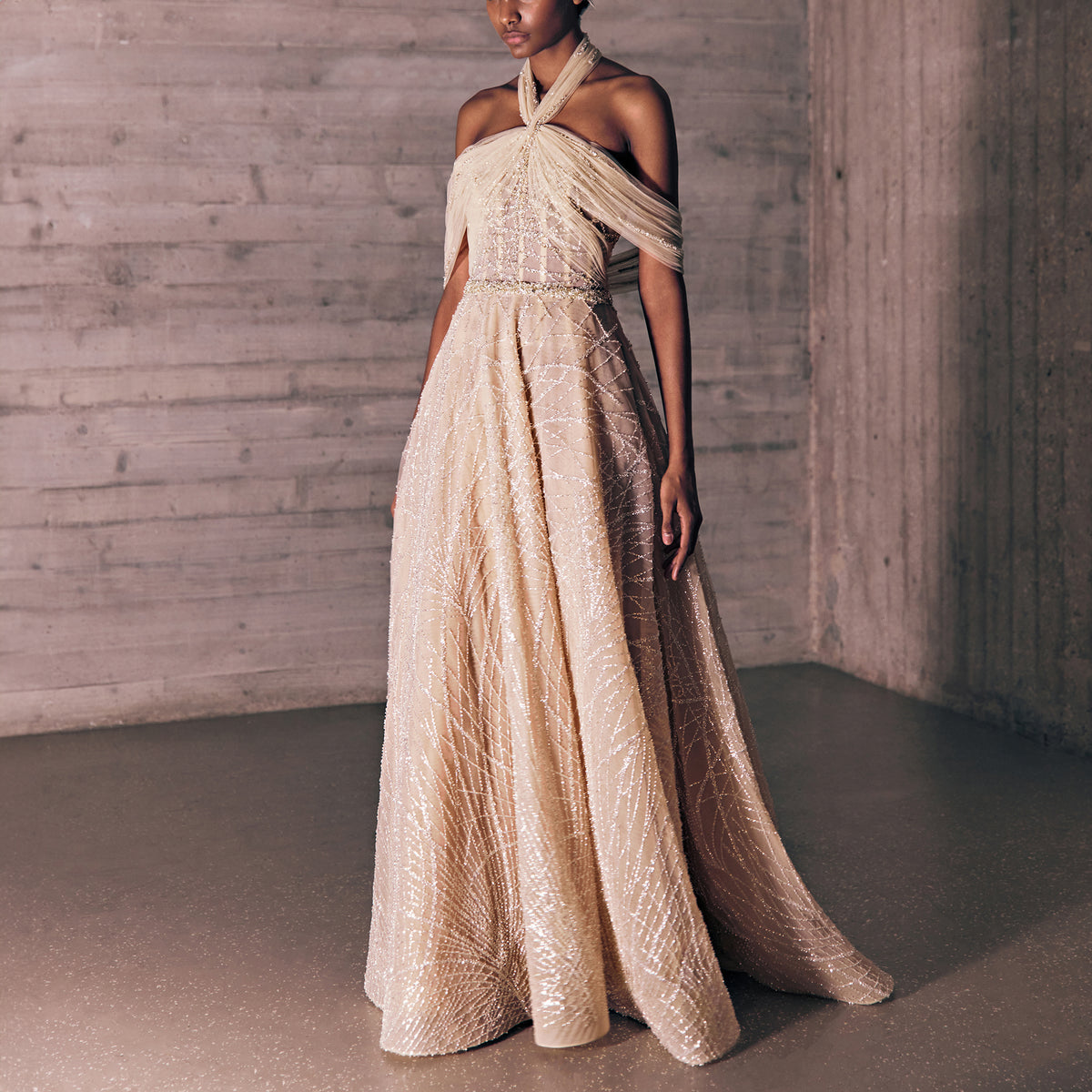 Nude Shaded Dress With Gold And Silver Sprinkled Embroideries by Tony Ward