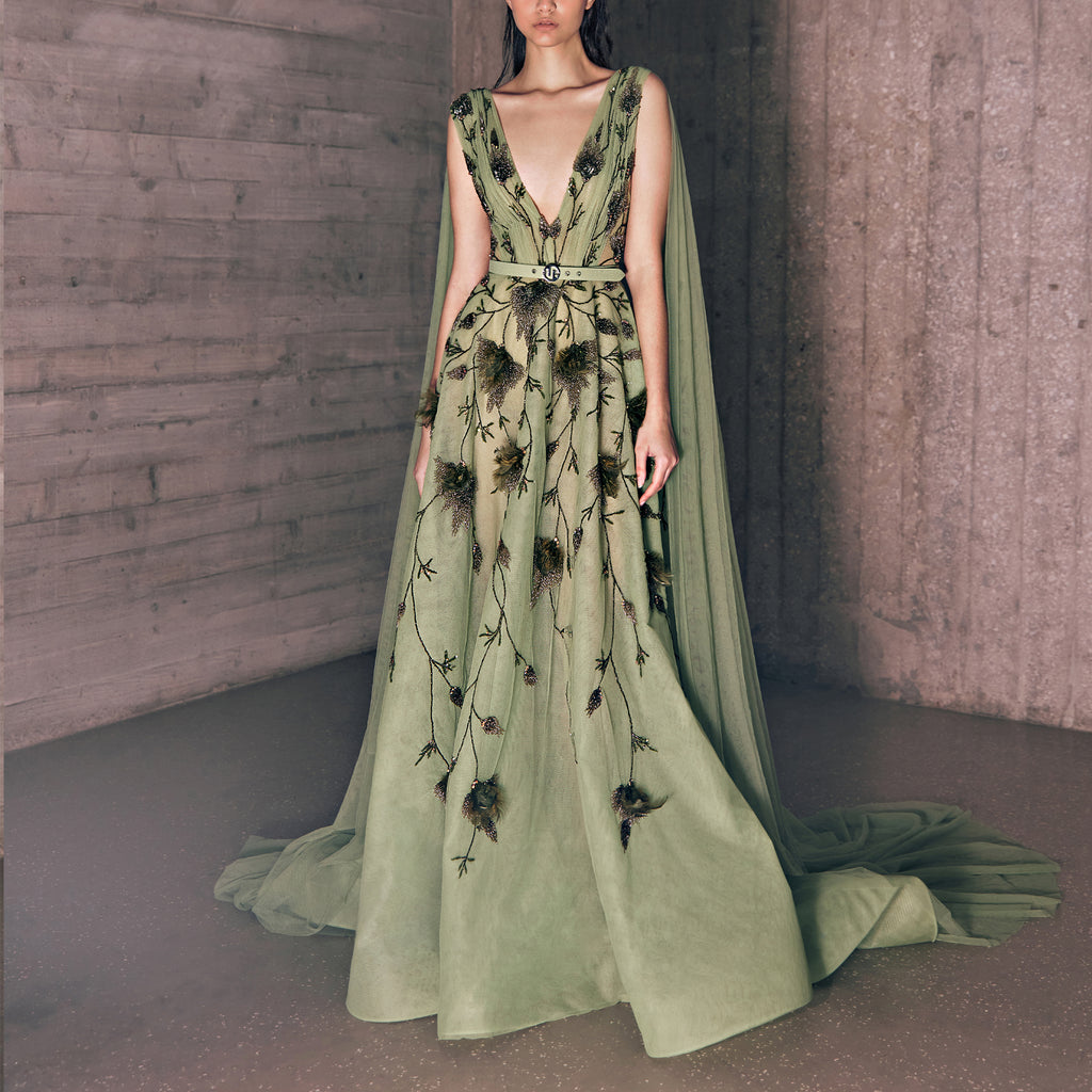 Feather Embroidered Deep V-Neckline Leafy Green Tulle Dress