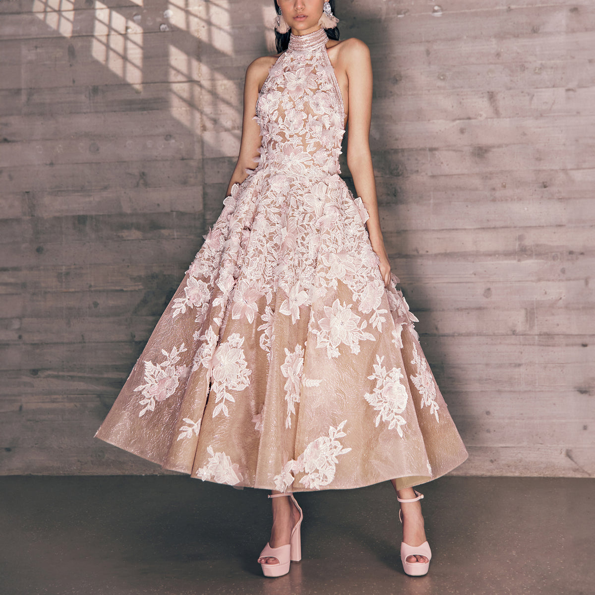 Wildflowers White Guipure Embroidered Tulle Nude Dress With A Halter Neck by Tony Ward