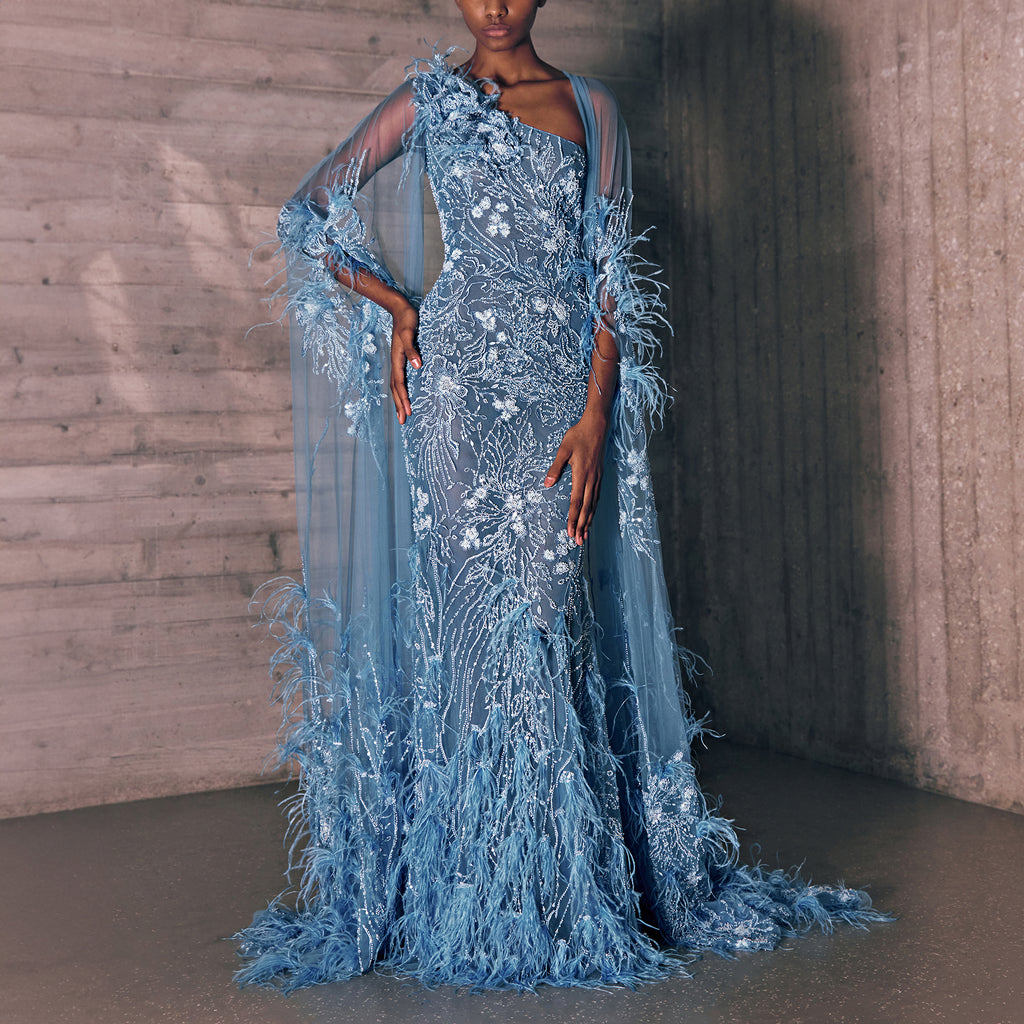 Feathers, Twigs And Leaves Embroidered Blue Tulle Dress