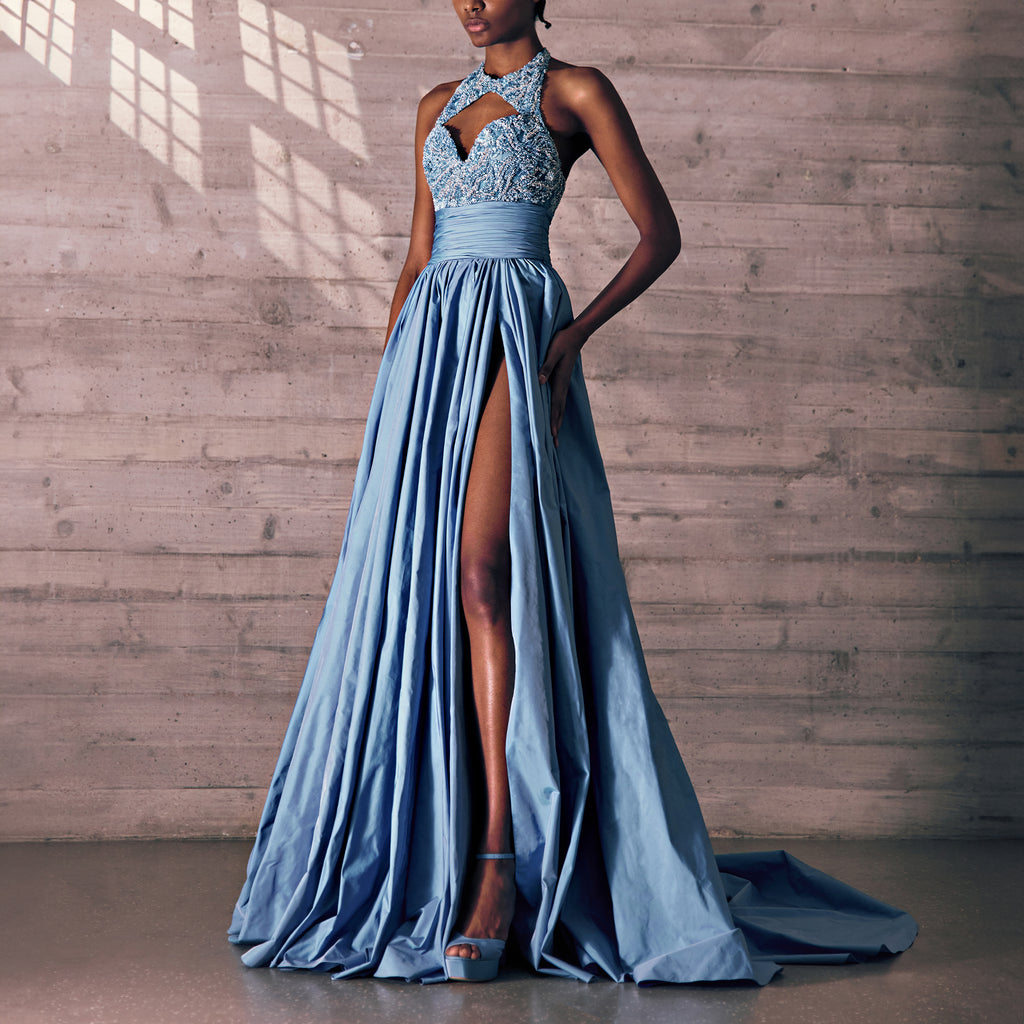 Glittery Blue Taveta Dress With An Embroidered Cutout Bustier