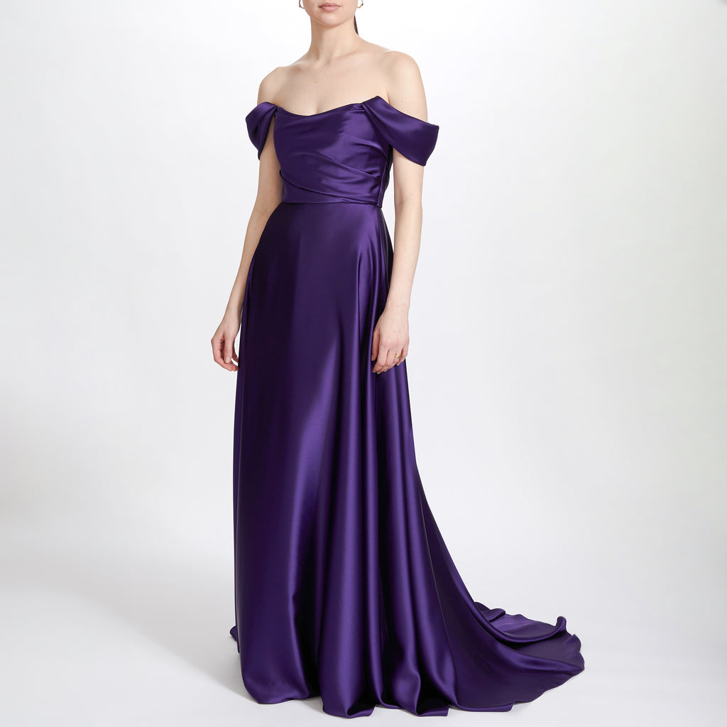 Fluid Satin Off The Shoulder A-Line Gown